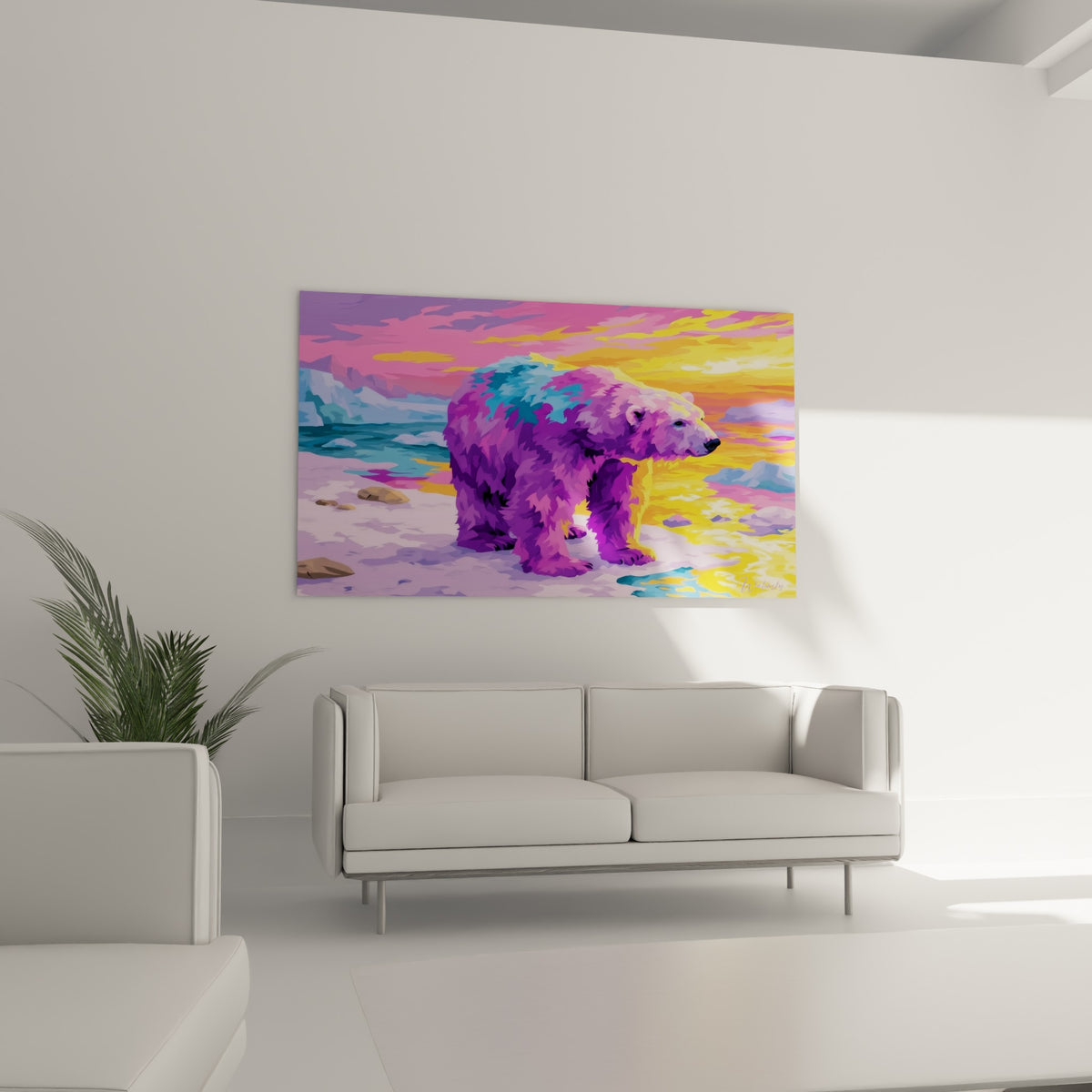 Ours polaire aux teintes fuchsia et jaune accroché au-dessus d'un canapé dans un salon lumineux
