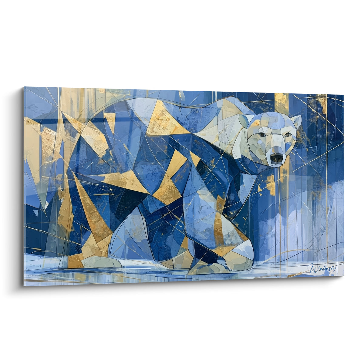 Ours polaire géométrique bleu marine et doré, silhouette fragmentée aux triangles lumineux