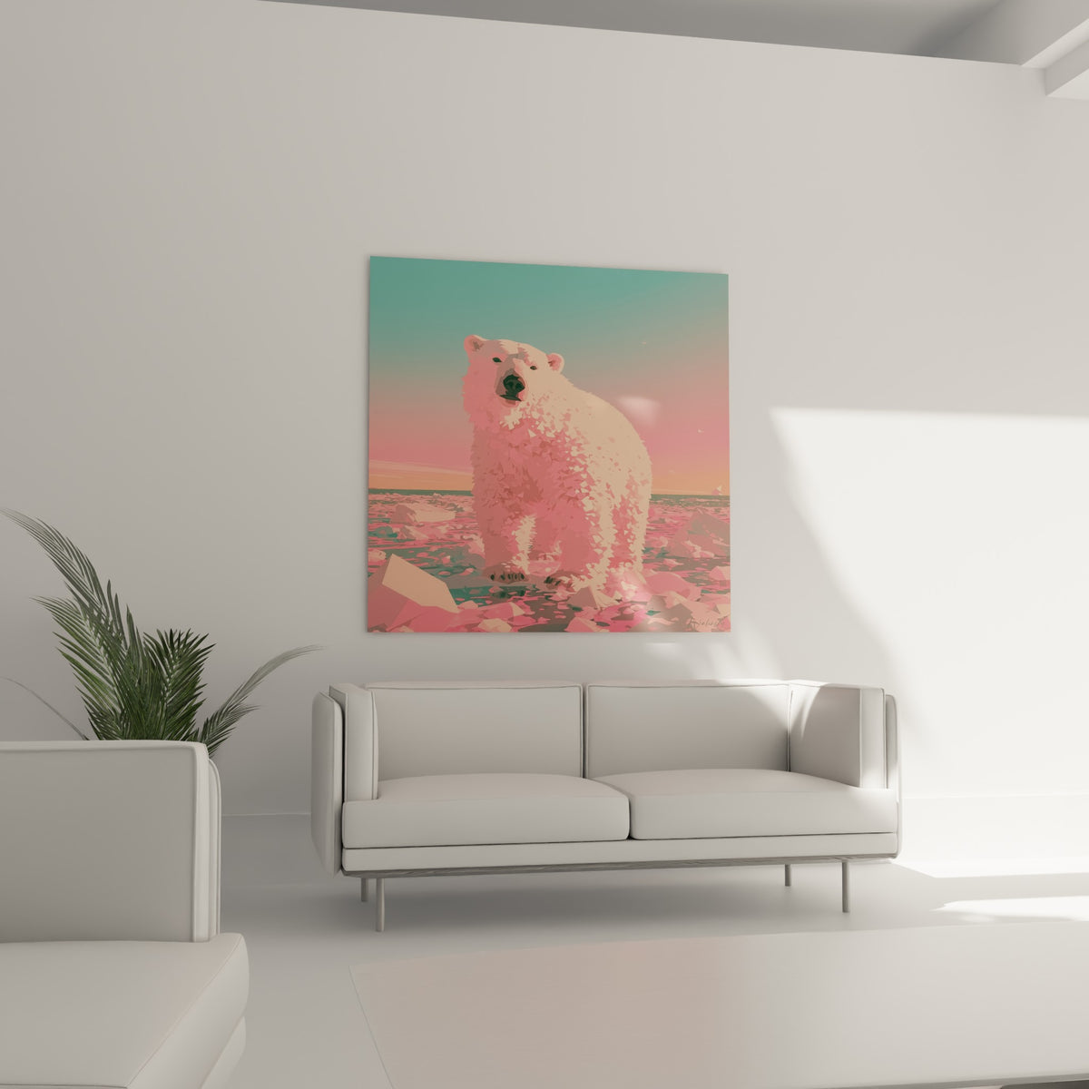 Ours polaire stylisé aux nuances roses et orangées, banquise brisée, au-dessus d'un canapé dans un salon lumineux