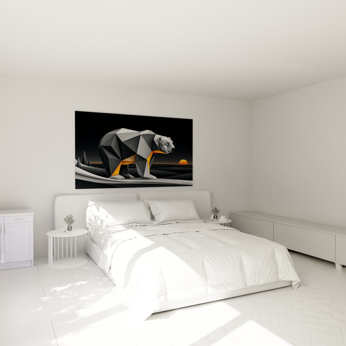 Silhouette d'ours polaire gris et orange géométrique au-dessus d'un lit dans une chambre claire