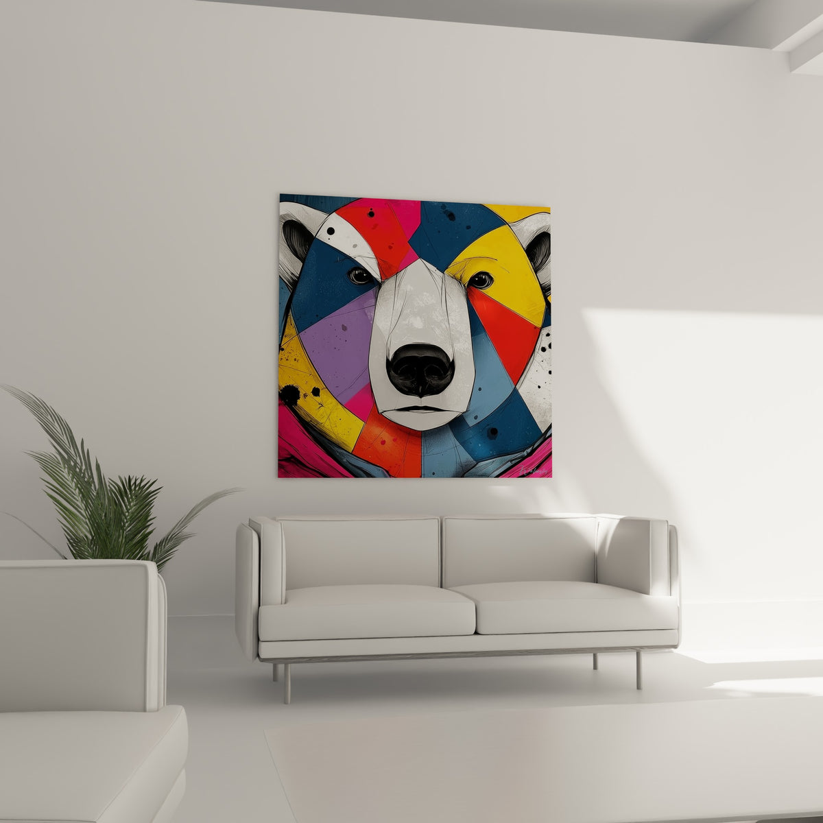 Visage géométrique d'un ours polaire aux tons violets et orangés, suspendu au-dessus d'un canapé dans un salon lumineux