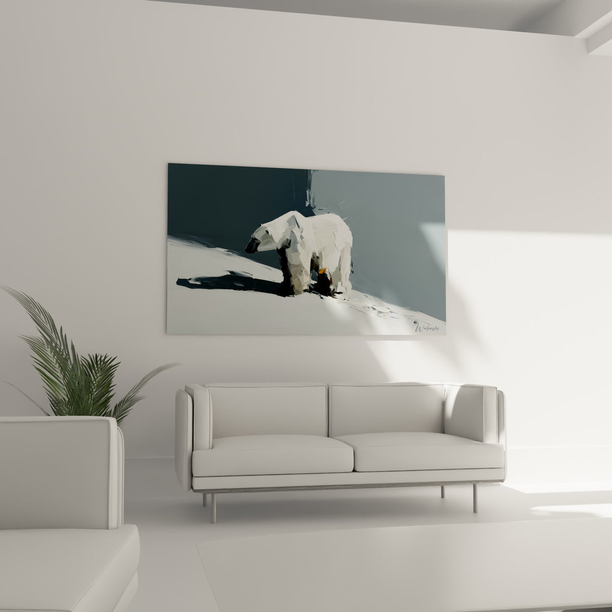 Ours polaire aux teintes blanches et grises accroché au-dessus d'un canapé dans un salon lumineux