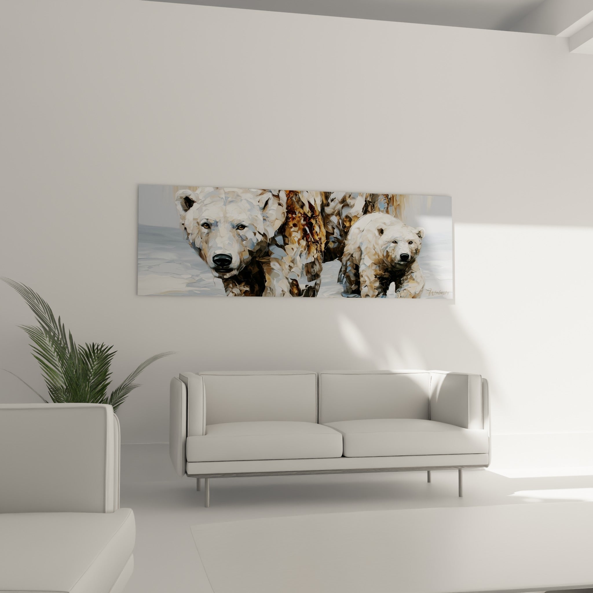 Ours polaire gris et blanc peint en relief, accroché au-dessus d'un canapé dans un salon lumineux