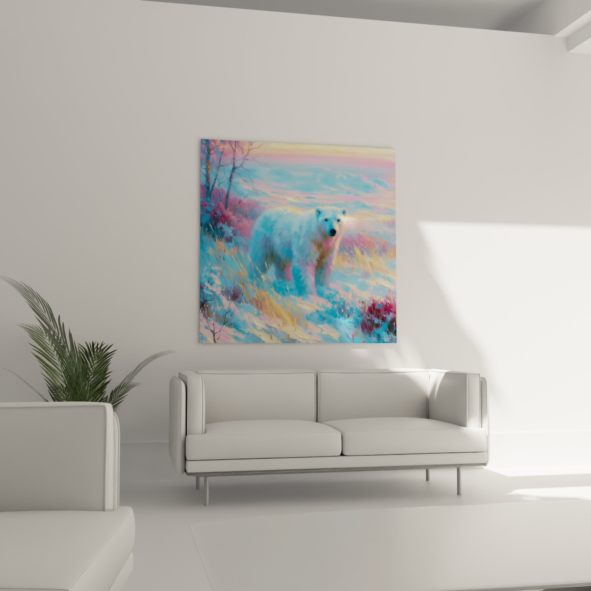 Ours polaire dans une toundra dorée et rose, au-dessus d'un canapé dans un salon lumineux