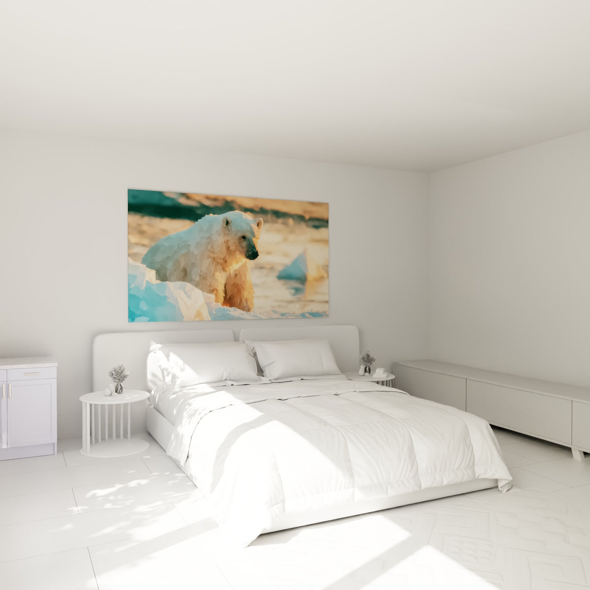 Animal arctique aux teintes ocre et bleu glacier accroché au-dessus d'un lit dans une chambre claire