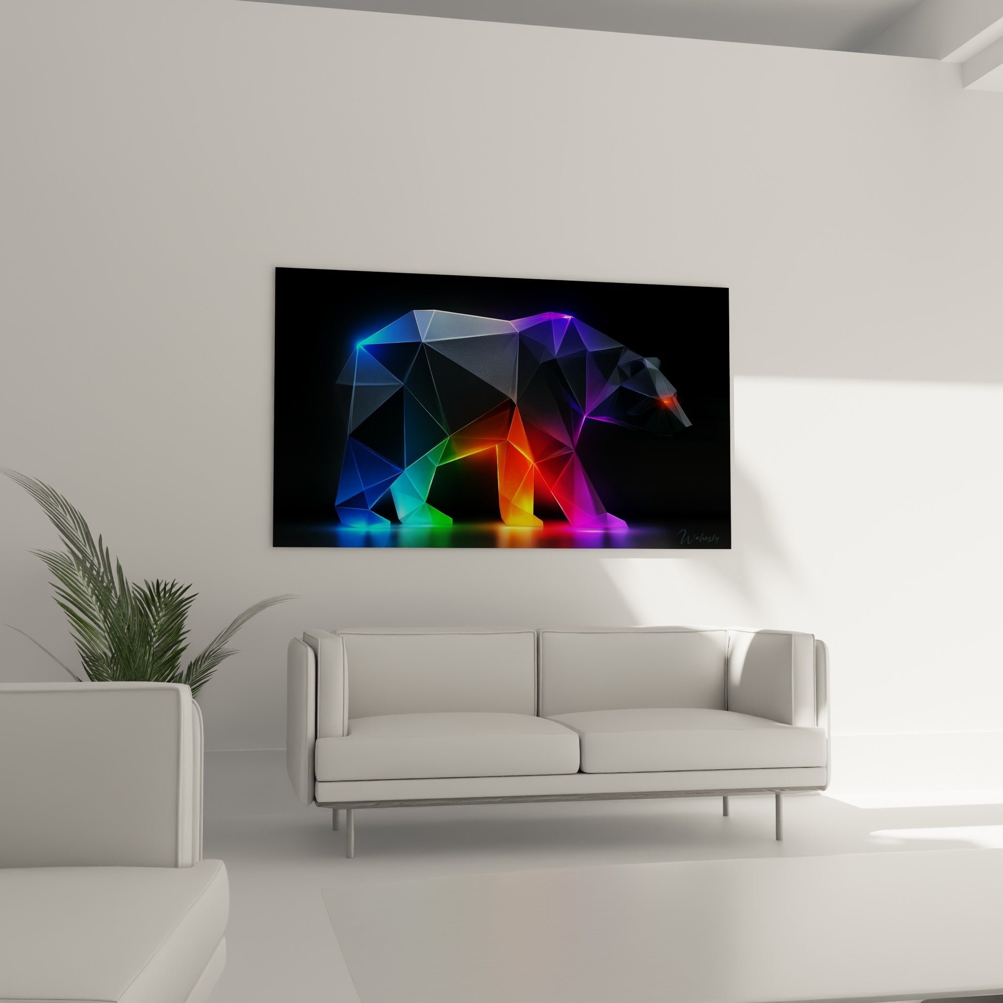 Ours polaire low poly illuminé de bleu et d'orange, accroché au-dessus d'un canapé dans un salon lumineux