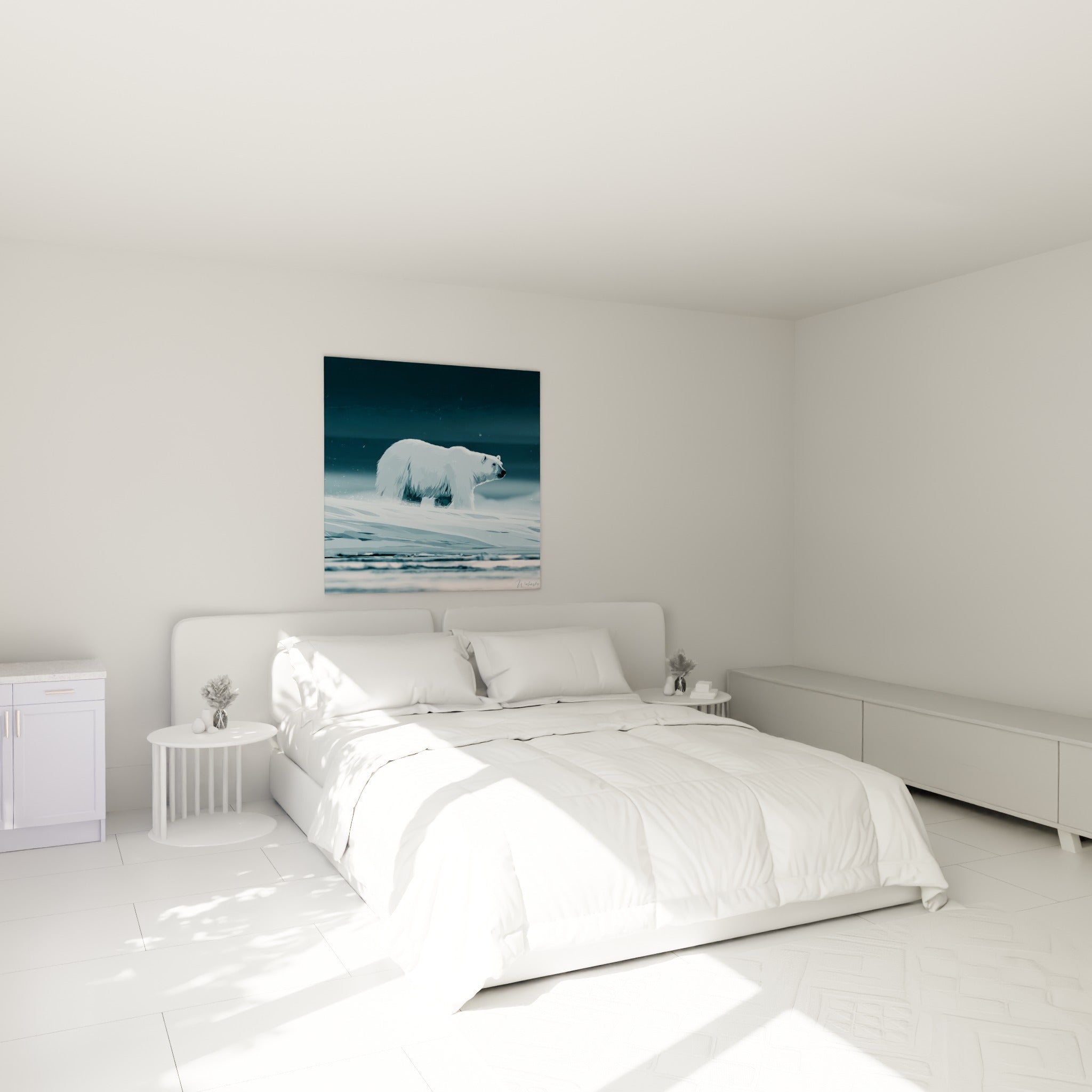 Silhouette d'ours polaire blanc et bleu glacé accrochée au-dessus d'un lit dans une chambre claire
