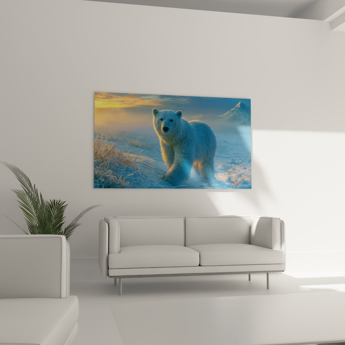 Silhouette d'ours polaire doré et blanc sur fond de montagne enneigée, au-dessus d'un canapé dans un salon lumineux
