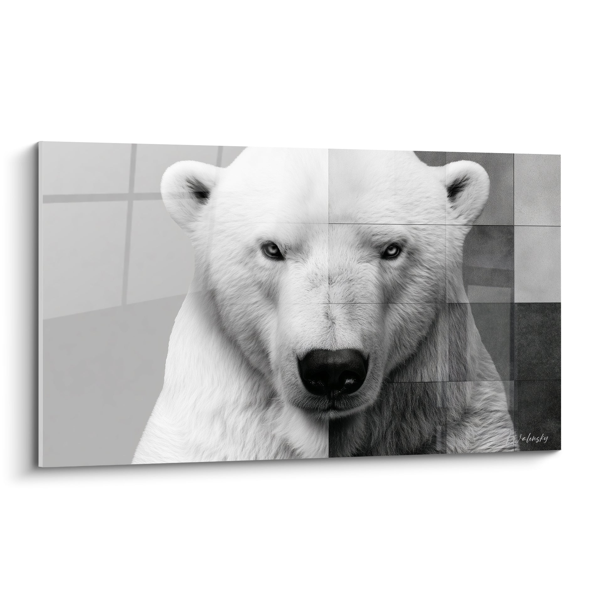 Ours polaire au regard perçant, pelage blanc et fond en mosaïque grise anthracite
