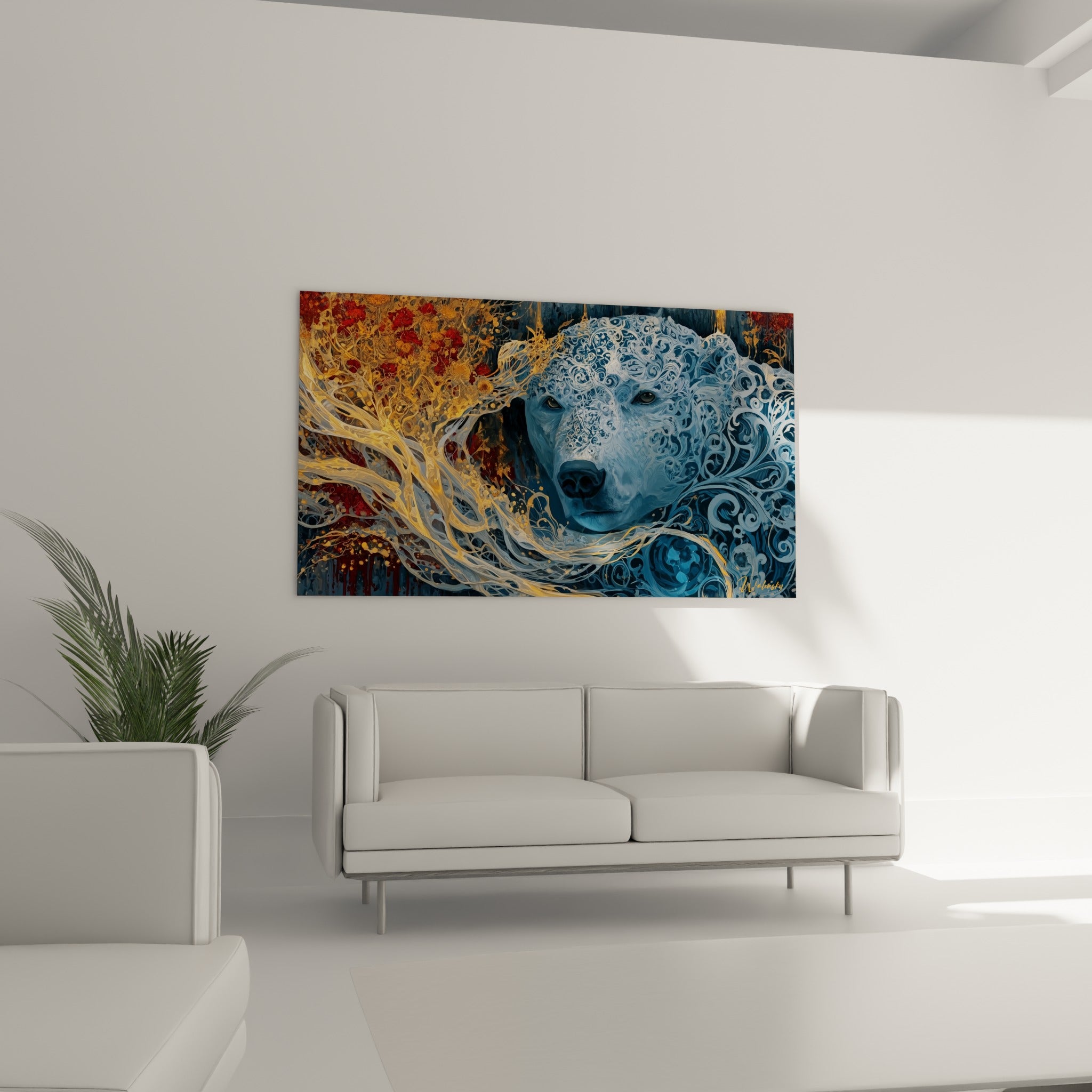 Motifs dorés ruisselants sur fond bleu marine d'un ours polaire, au-dessus d'un canapé dans un salon lumineux