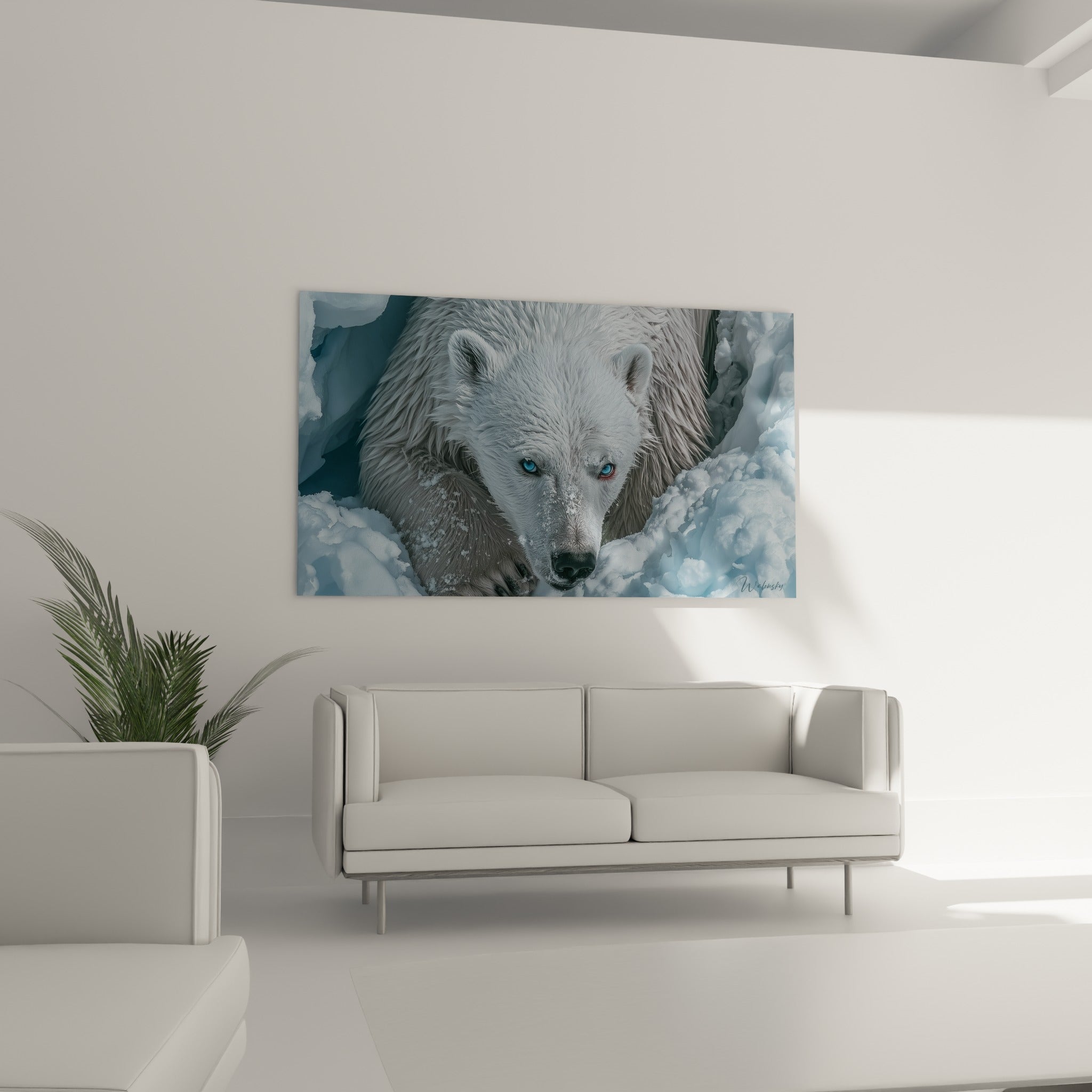 Ours polaire blanc et bleu anthracite figé dans la neige, au-dessus d'un canapé dans un salon lumineux