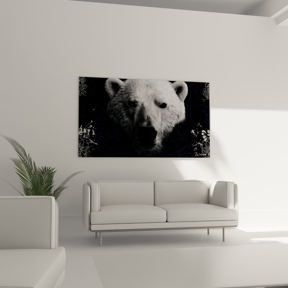 Museau noir et fourrure blanche d'un ours polaire sur fond violet nocturne, au-dessus d'un canapé dans un salon lumineux