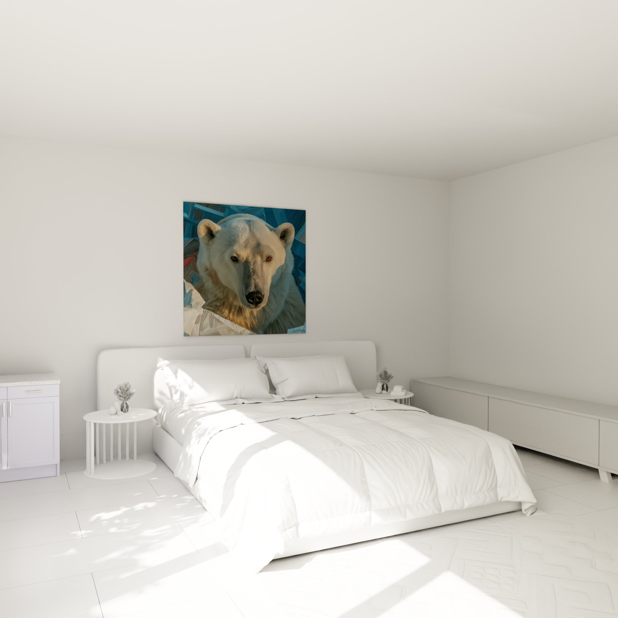 Museau noir et fourrure ocre de l'ours polaire accroché au-dessus d'un lit dans une chambre claire