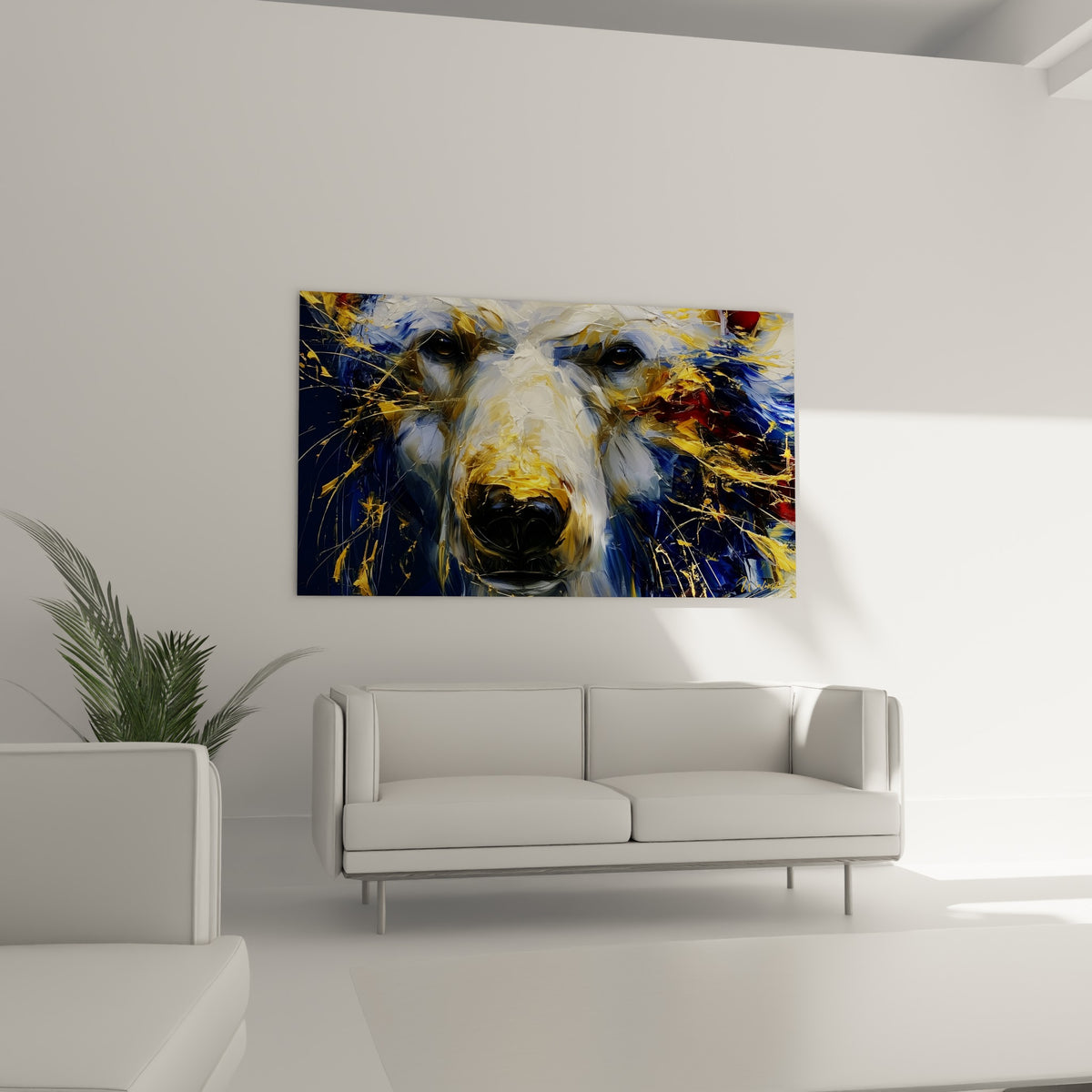Ours polaire au museau noir et fourrure blanche mouchetée d'or accroché au-dessus d'un canapé dans un salon lumineux