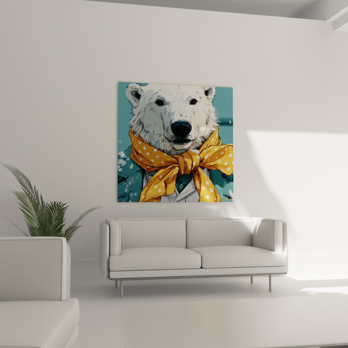 Regard sombre de l'ours polaire et nœud papillon jaune moutarde, au-dessus d'un canapé dans un salon lumineux