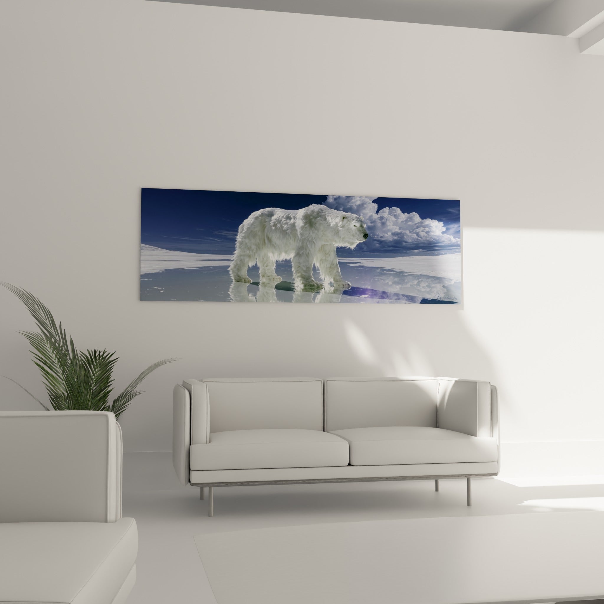 Marche de l'ours polaire blanc sur fond de nuages bleu marine, au-dessus d'un canapé dans un salon lumineux