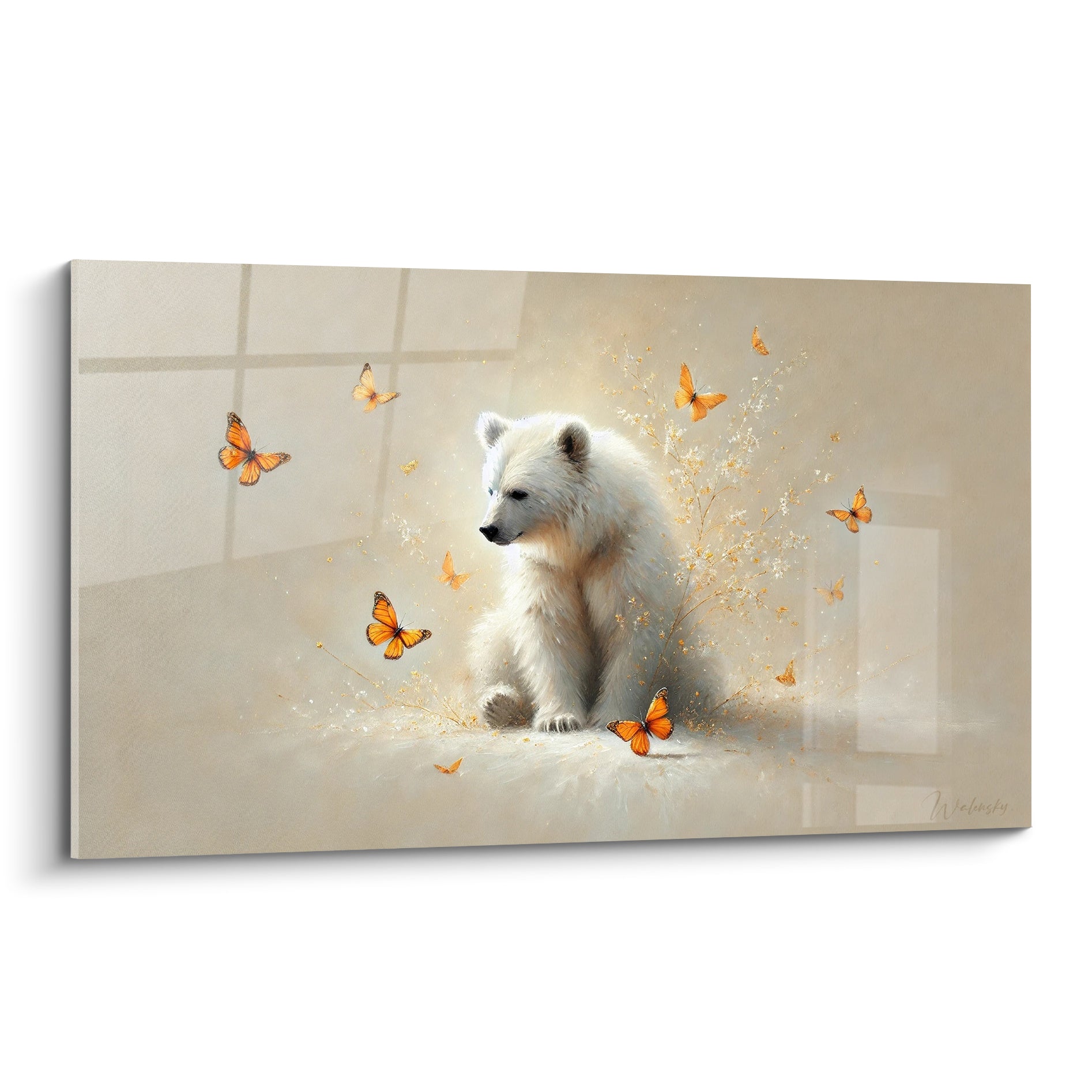 Ourson polaire blanc assis entouré de papillons orangés sur fond beige lumineux