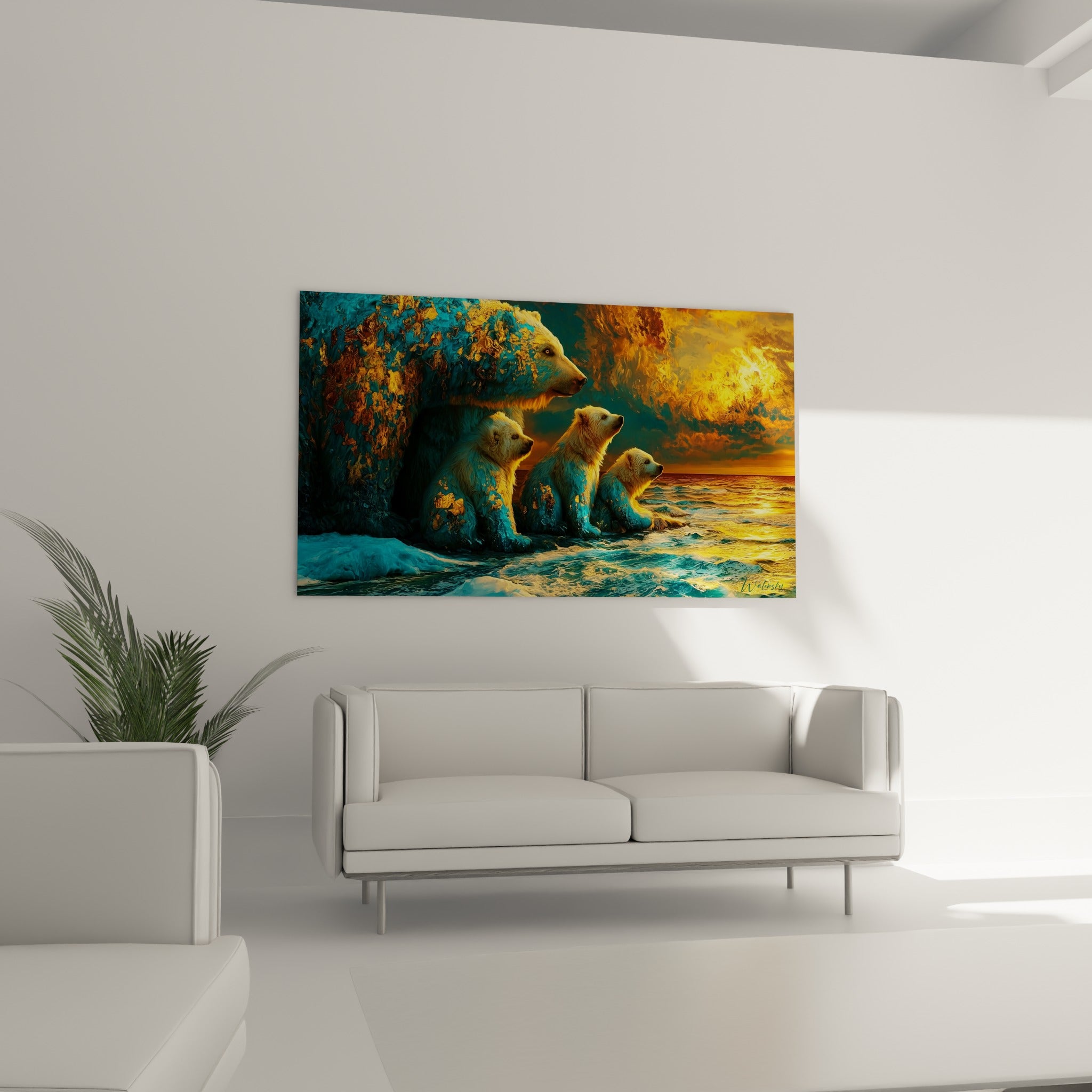 Ours polaires en rang sur la banquise turquoise, au-dessus d'un canapé dans un salon lumineux