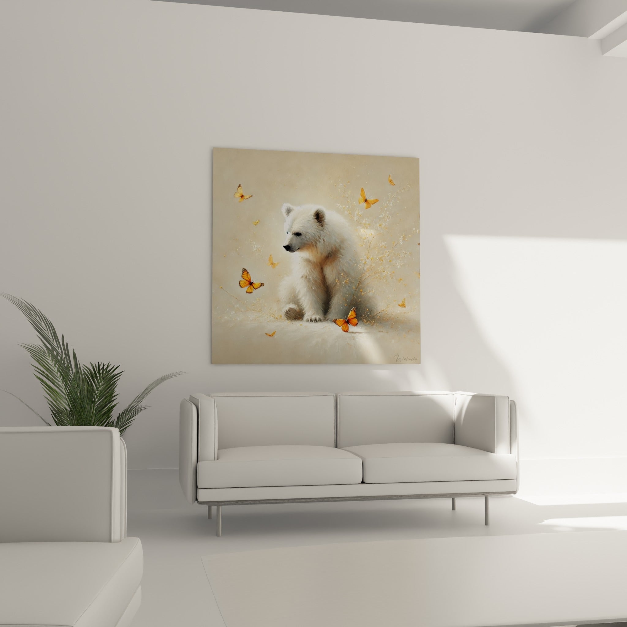 Ourson polaire et papillons orange dorés au-dessus d'un canapé dans un salon lumineux