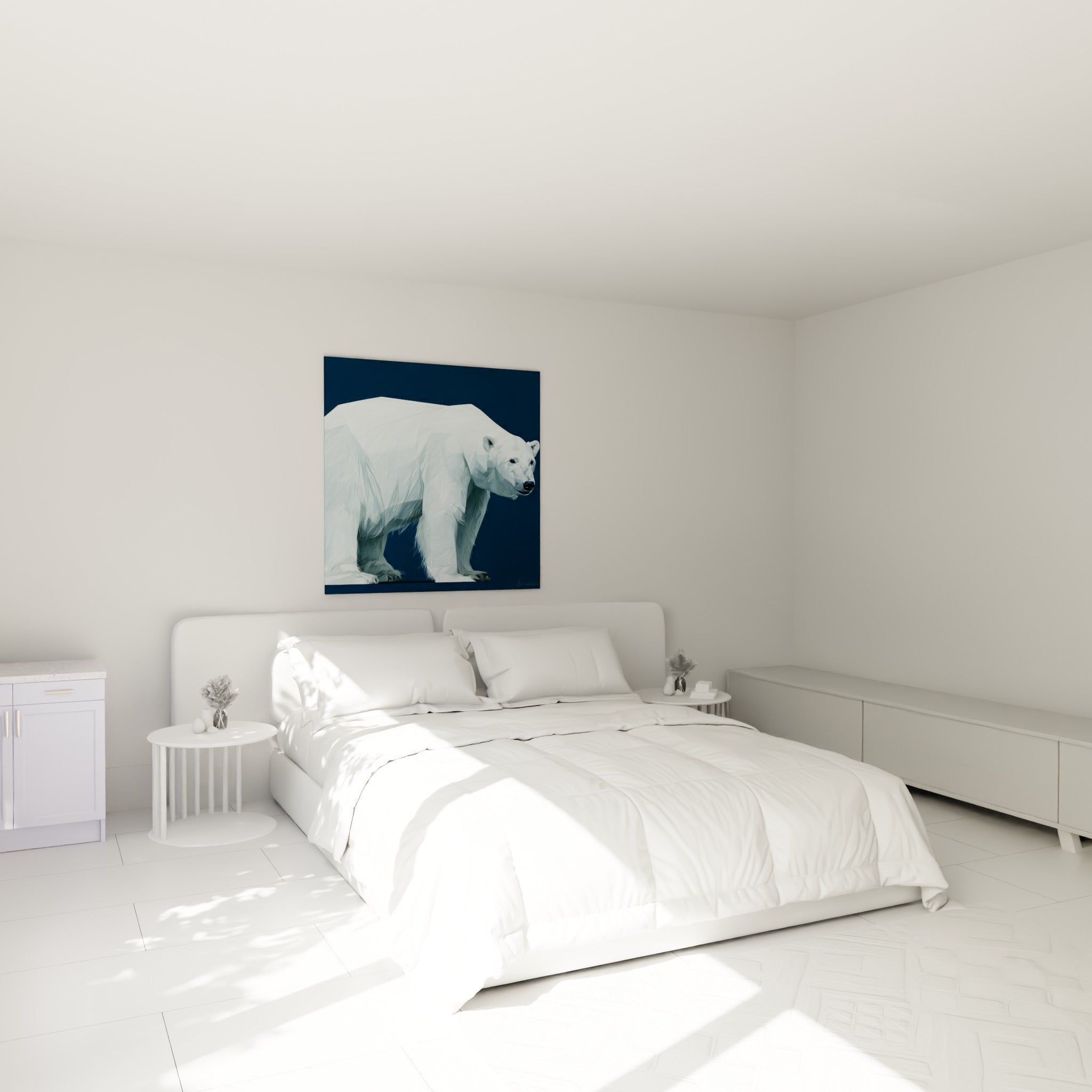 Silhouette d'ours polaire blanc et bleu marine au-dessus d'un lit dans une chambre claire
