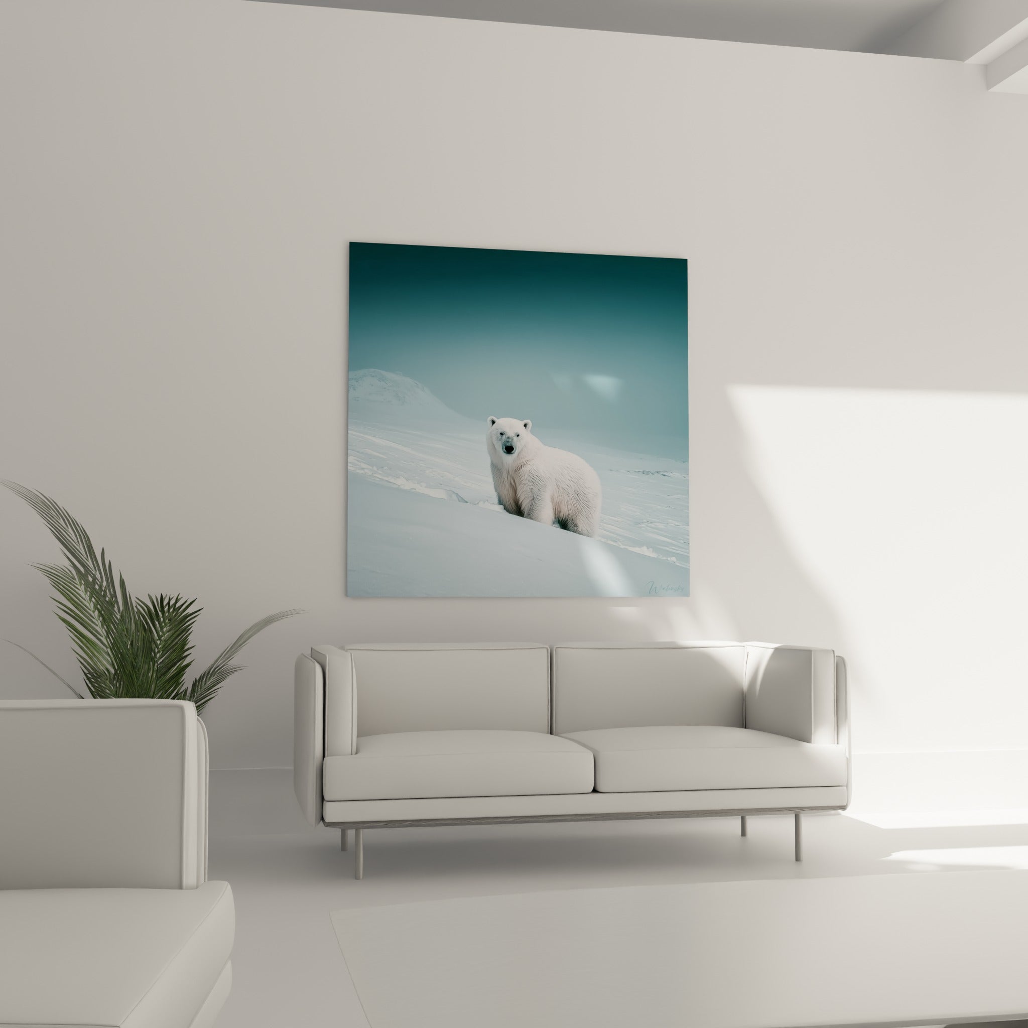 Ours polaire au pelage ivoire et fond anthracite au-dessus d'un canapé dans un salon lumineux