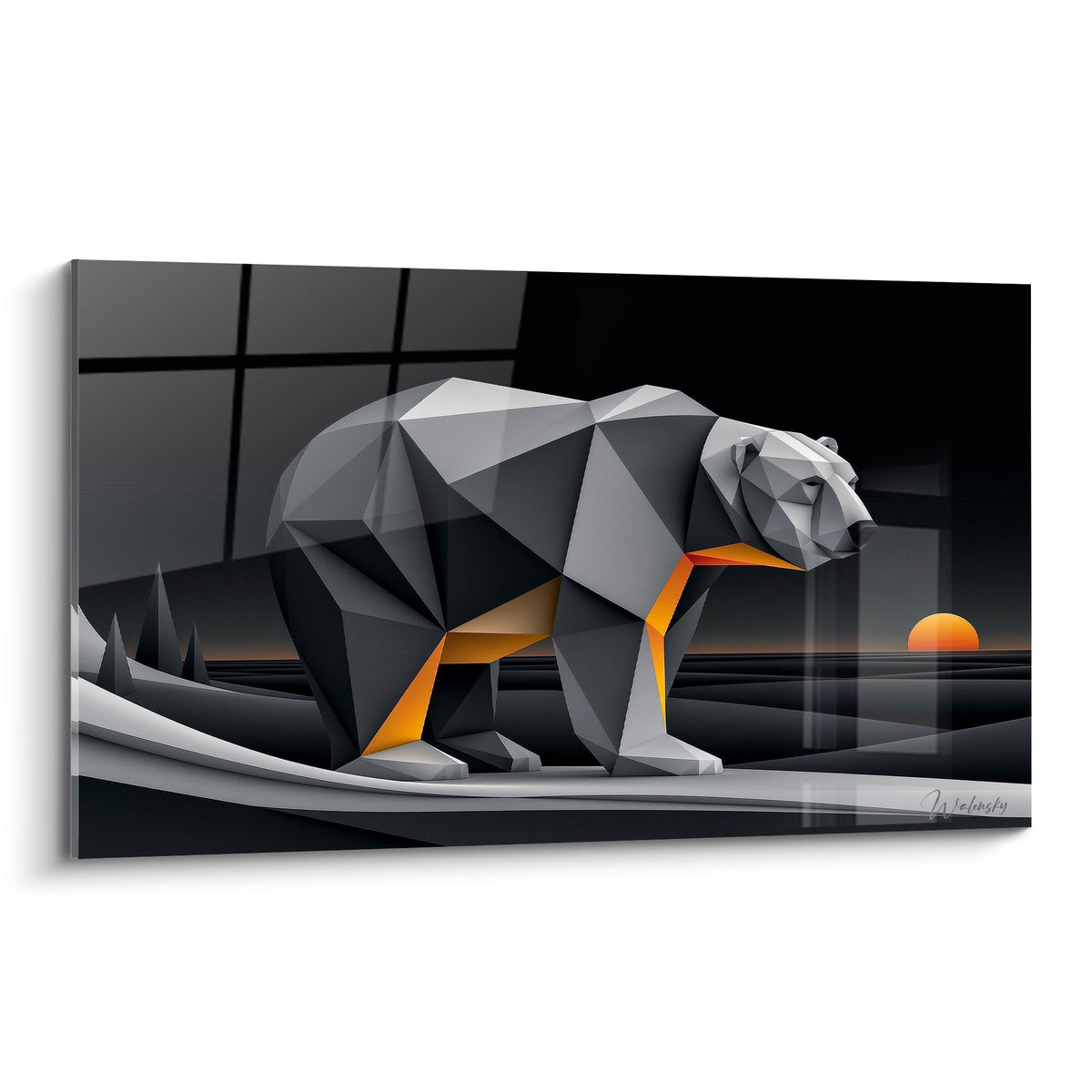 Ours polaire polygonal anthracite et orange marchant devant un soleil couchant arctique