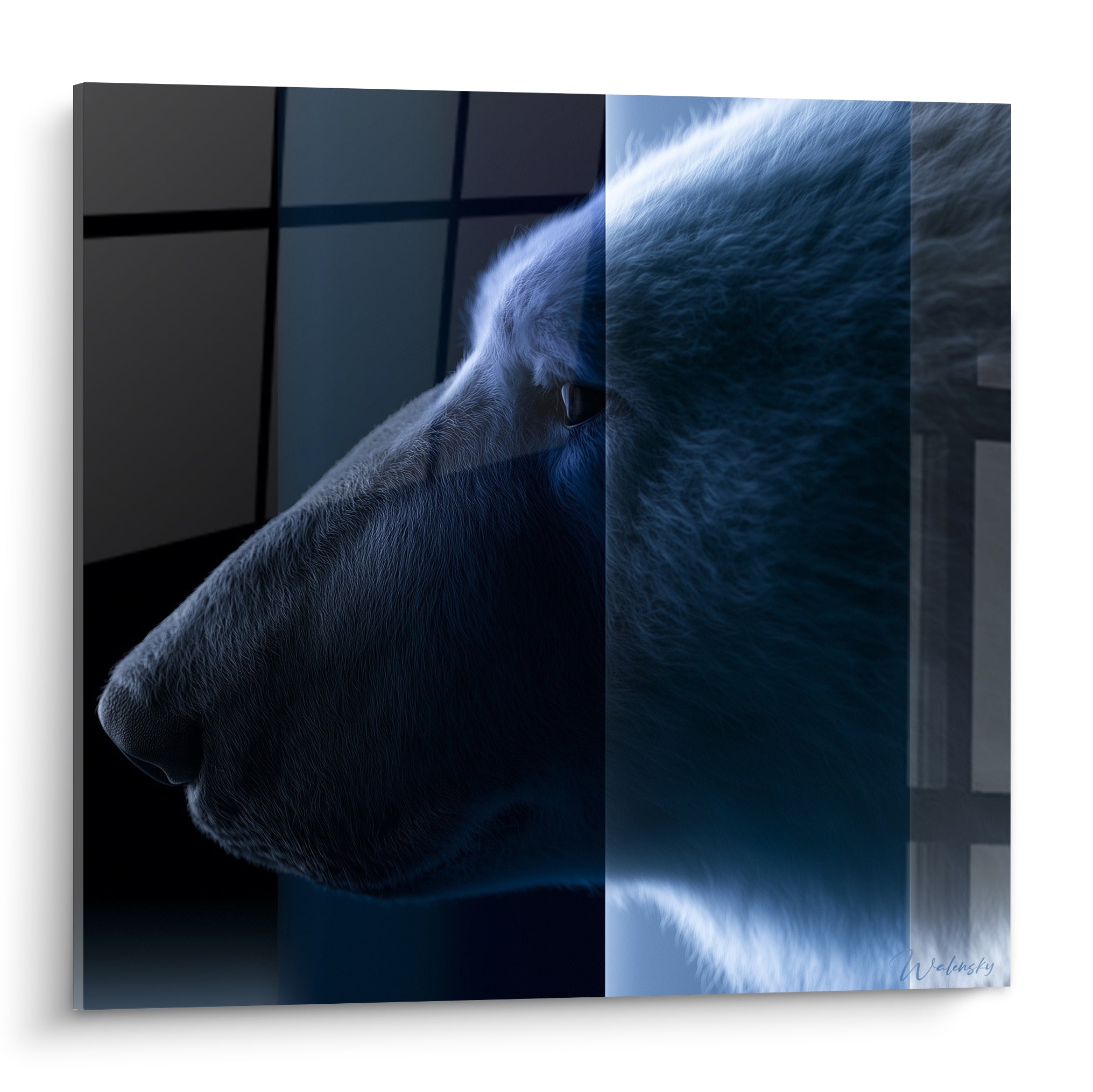 Ours polaire de profil en bleu nuit et anthracite, museau détaillé, fond en damier sombre géométrique