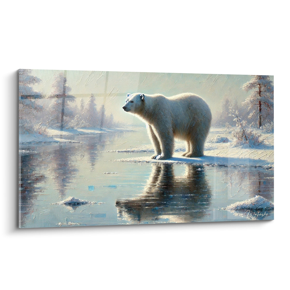 Ours polaire blanc debout sur la glace, reflet bleu glacier dans l'eau calme