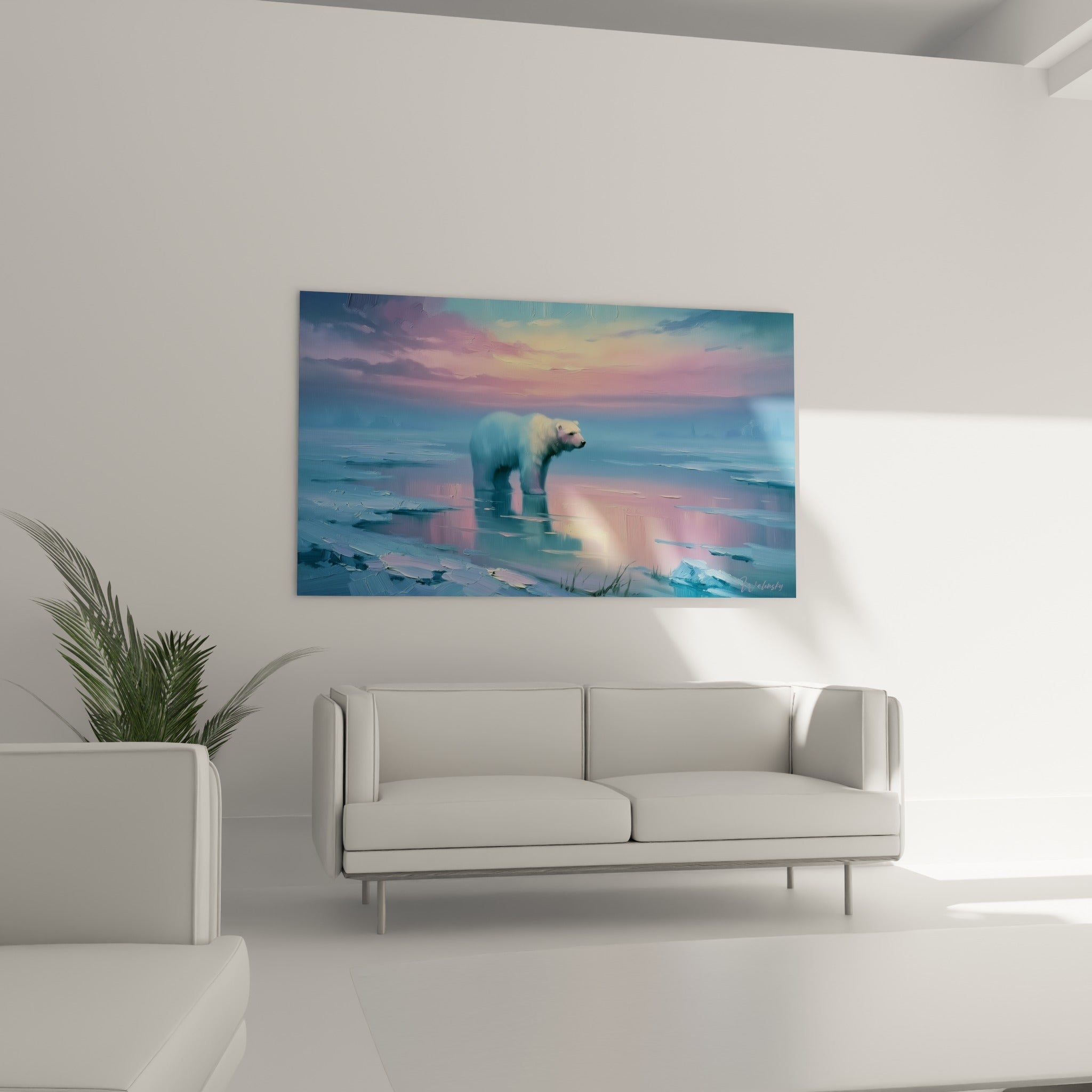Ours polaire immobile sur glace fondante aux reflets roses et bleus, au-dessus d'un canapé dans un salon lumineux