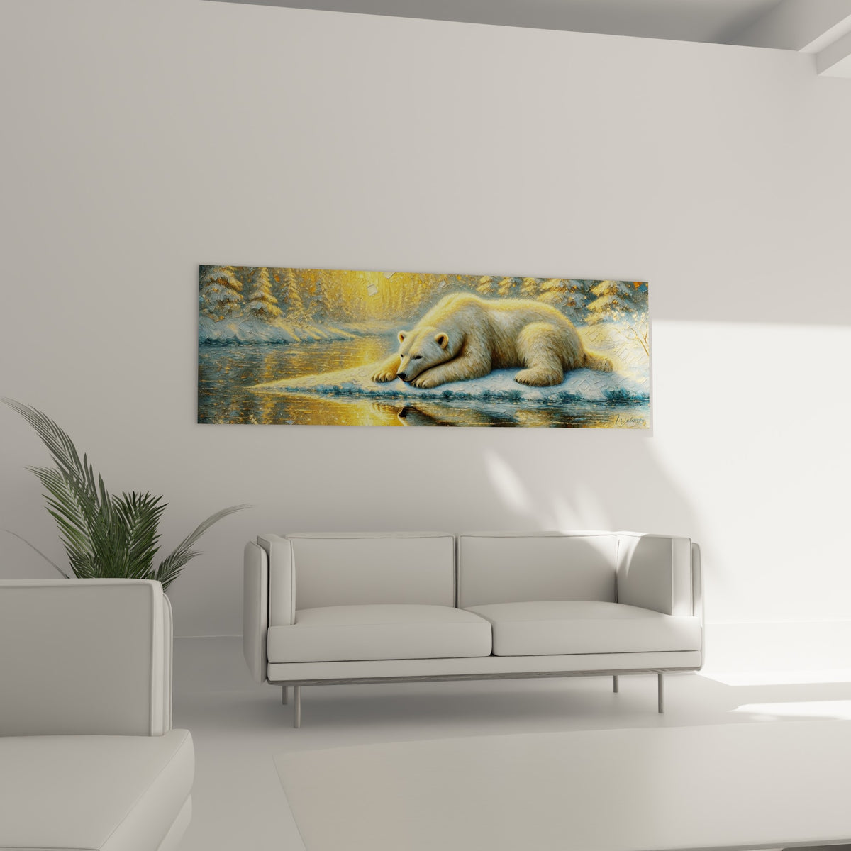 Ours polaire au repos sur glace dorée et bleutée, au-dessus d'un canapé dans un salon lumineux