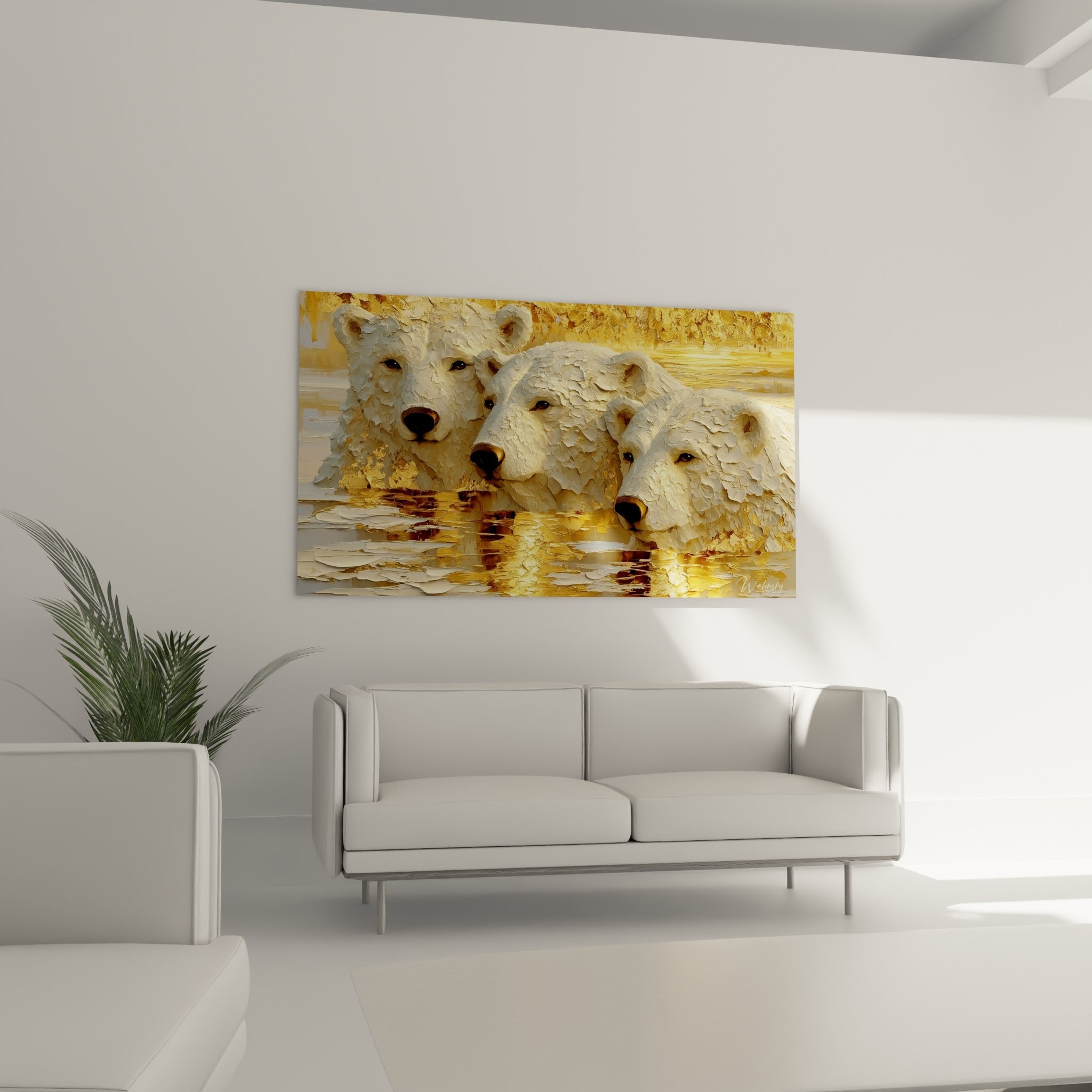 Fourrures blanches et reflets dorés des ours polaires au-dessus d'un canapé dans un salon lumineux