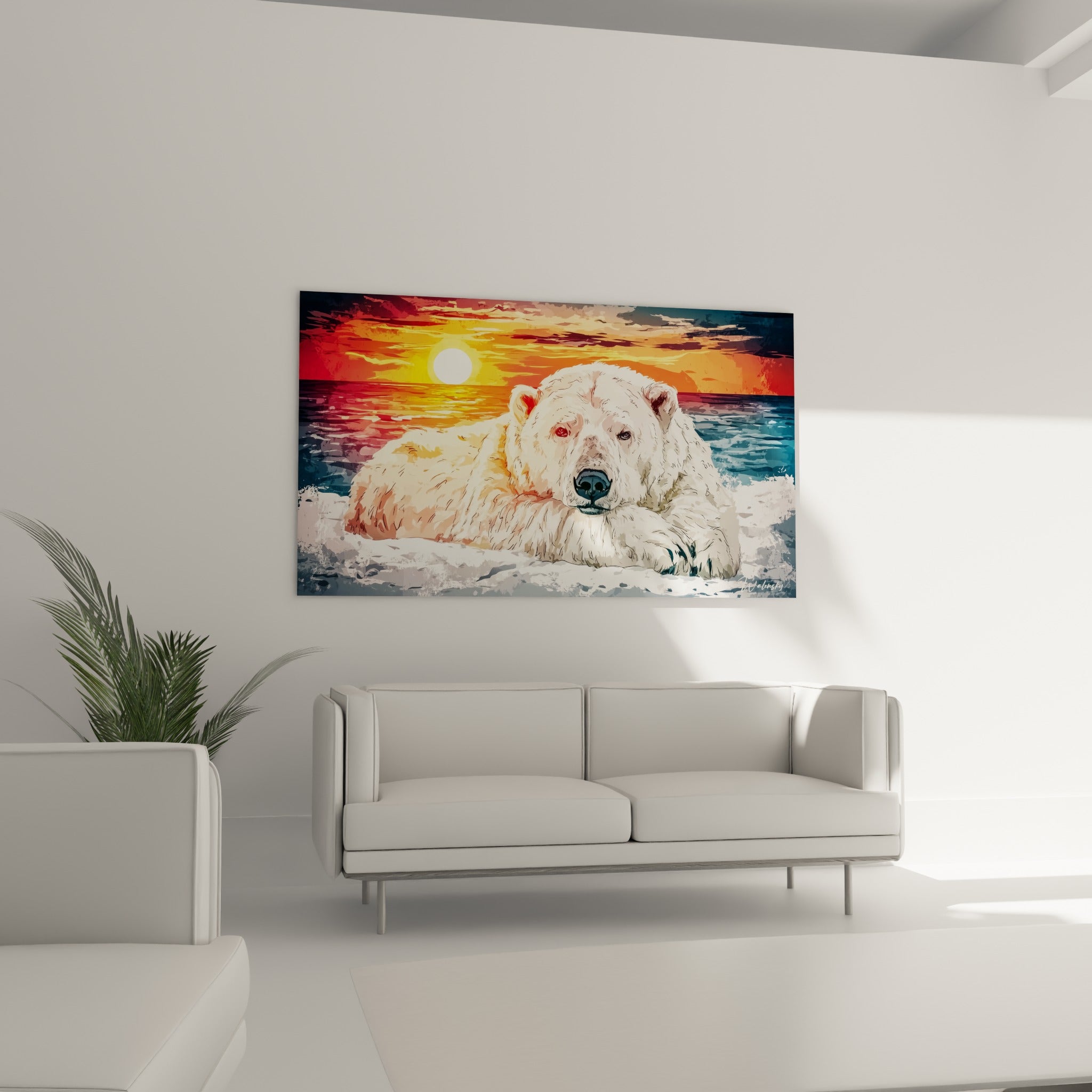 Regard paisible d'un ours polaire entre bleu marine et rouge couchant au-dessus d'un canapé dans un salon lumineux