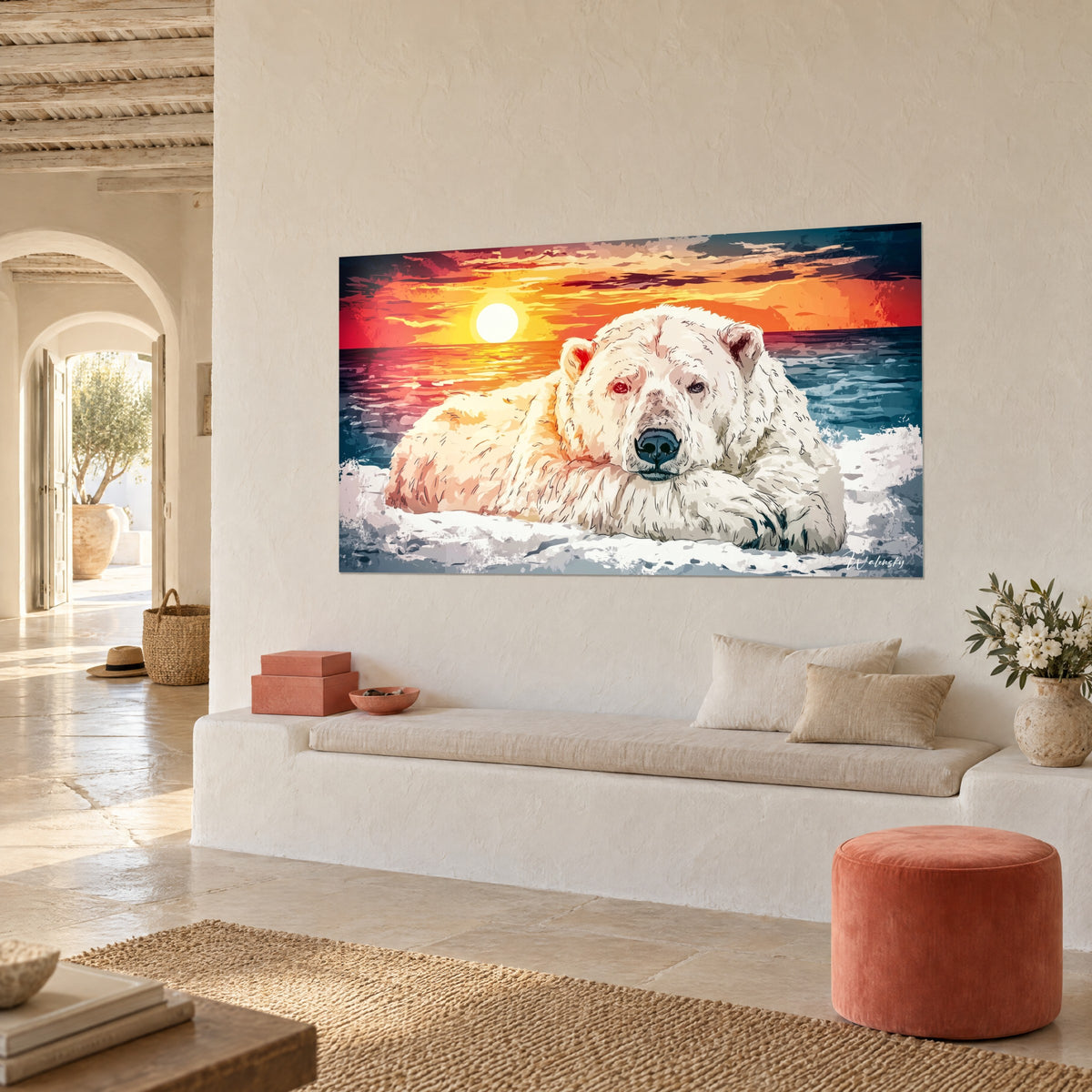 Schilderij grote ijsbeer met ivoorkleurige en abrikooskleurige vacht, felrode lucht, driekwartaanzicht naast een stenen bank
