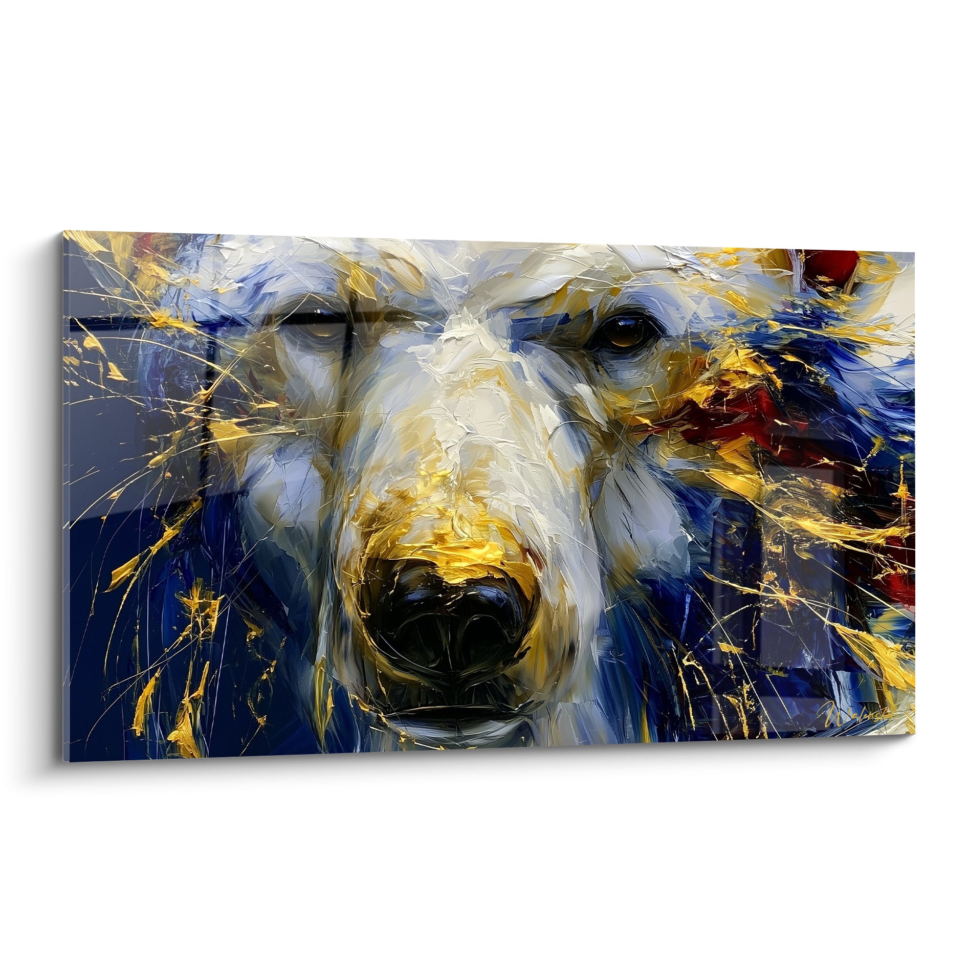 Ours polaire au regard sombre, fourrure blanche éclatée d'or et de bleu marine, matière peinte au couteau