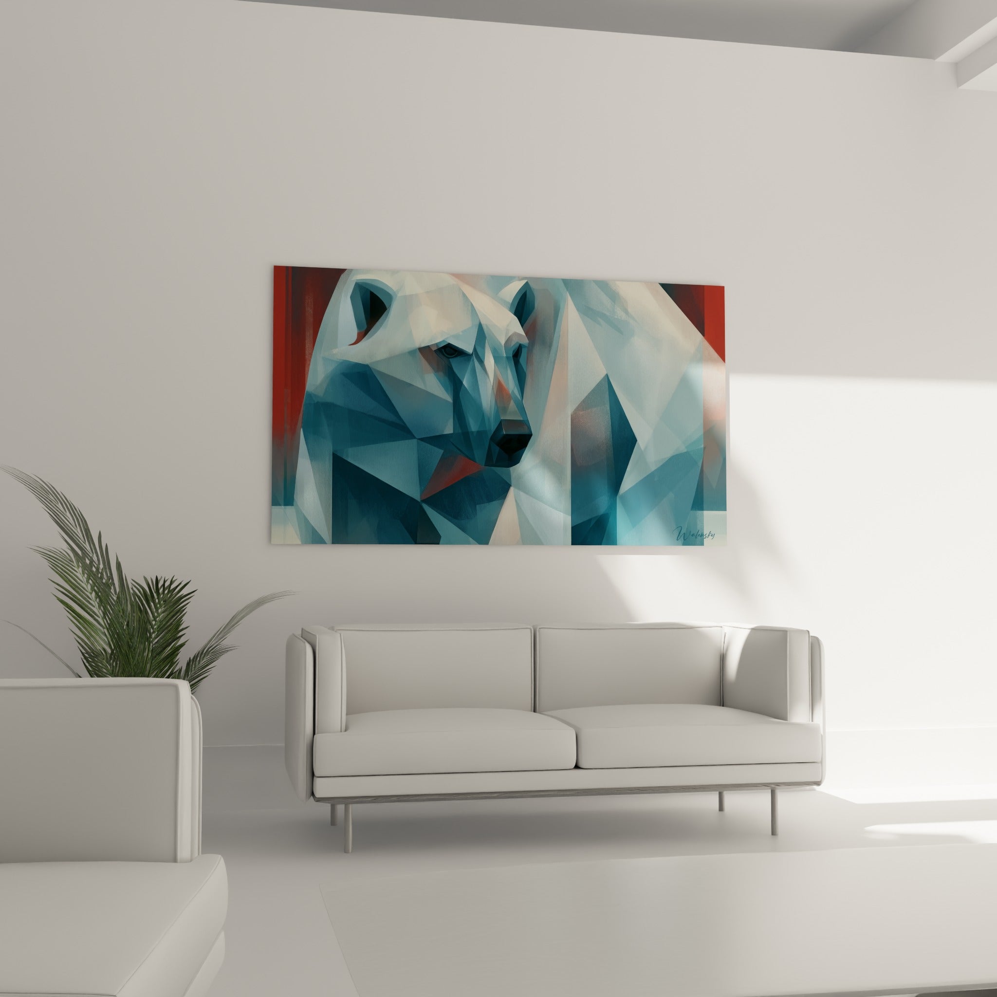 Regard perçant d'ours polaire bleu pastel accroché au-dessus d'un canapé dans un salon lumineux