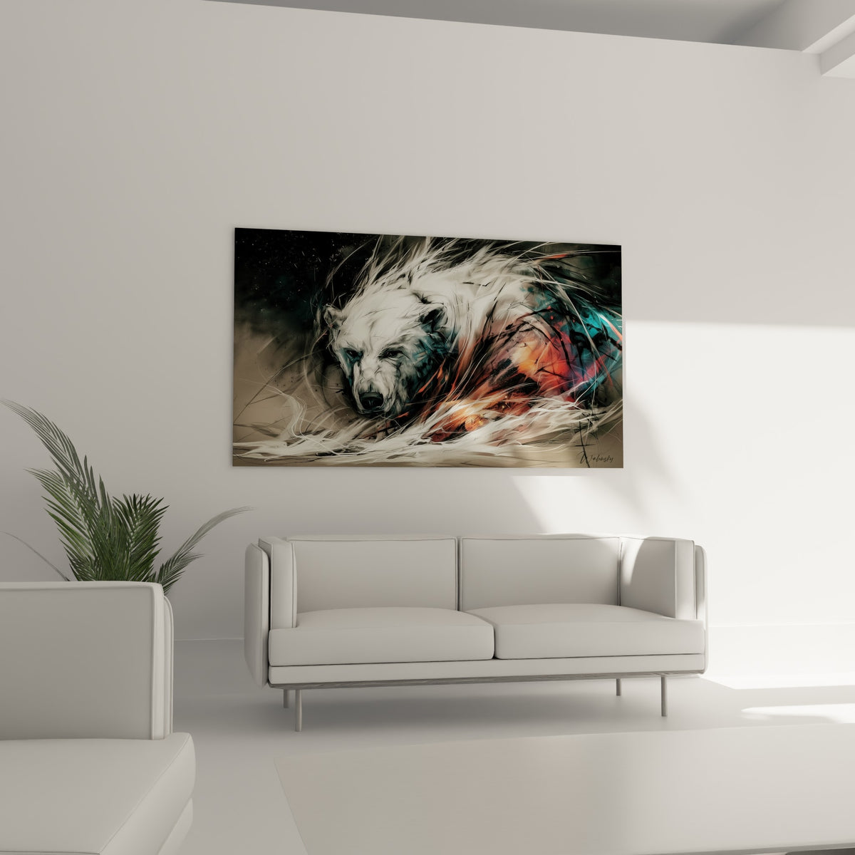Regard sombre d'un ours polaire blanc mêlé de rouge et de bleu pétrole, au-dessus d'un canapé dans un salon lumineux