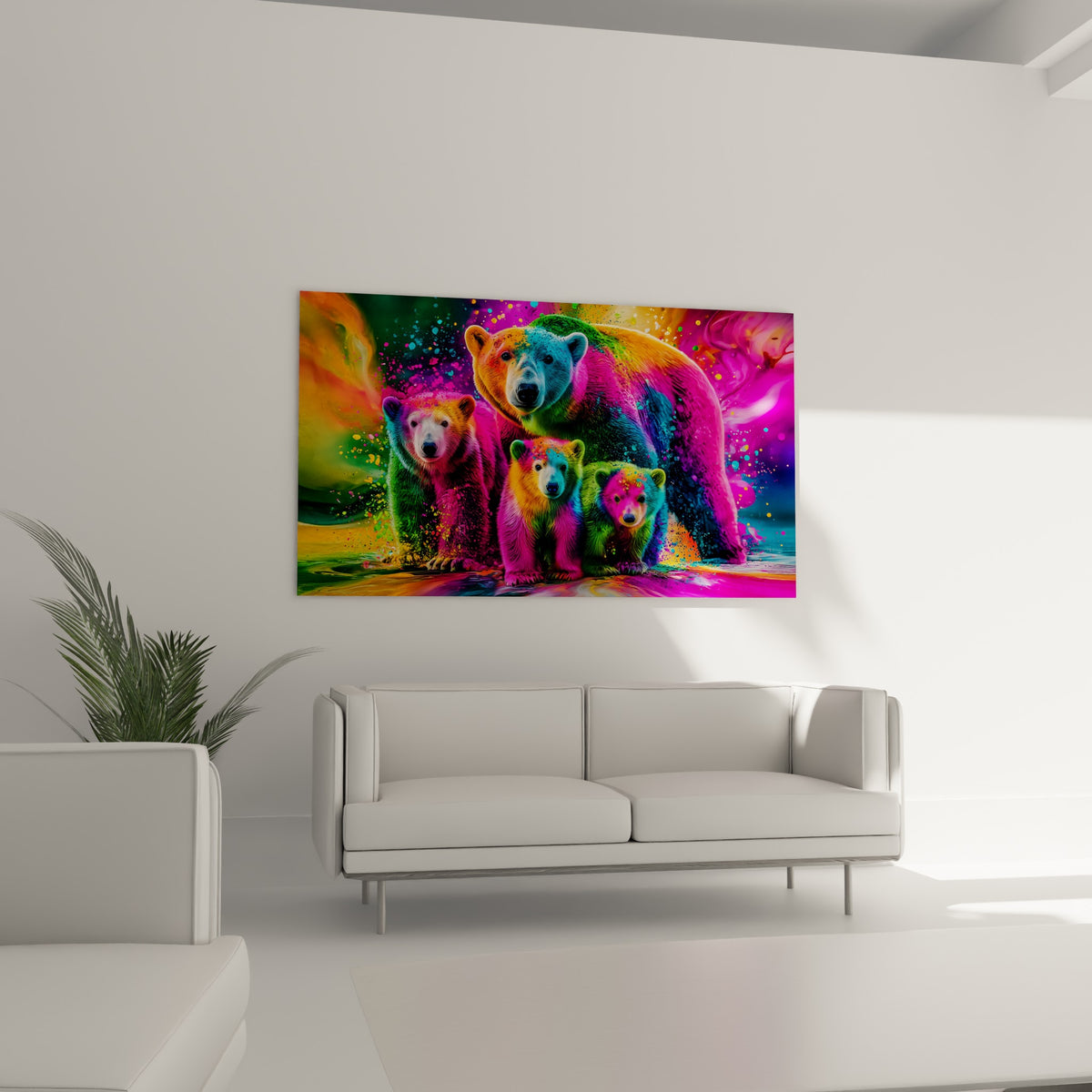 Regards attentifs des ours polaires multicolores au-dessus d'un canapé dans un salon lumineux