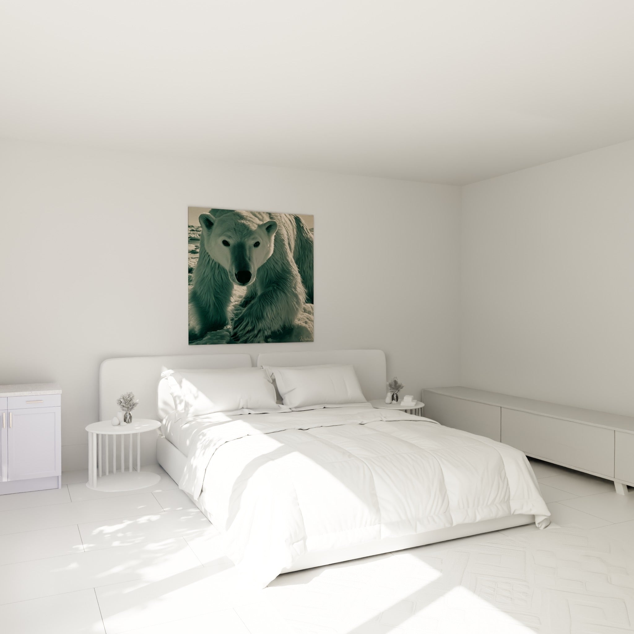 Ours polaire au regard sombre et pelage vert glacé accroché au-dessus d'un lit dans une chambre claire