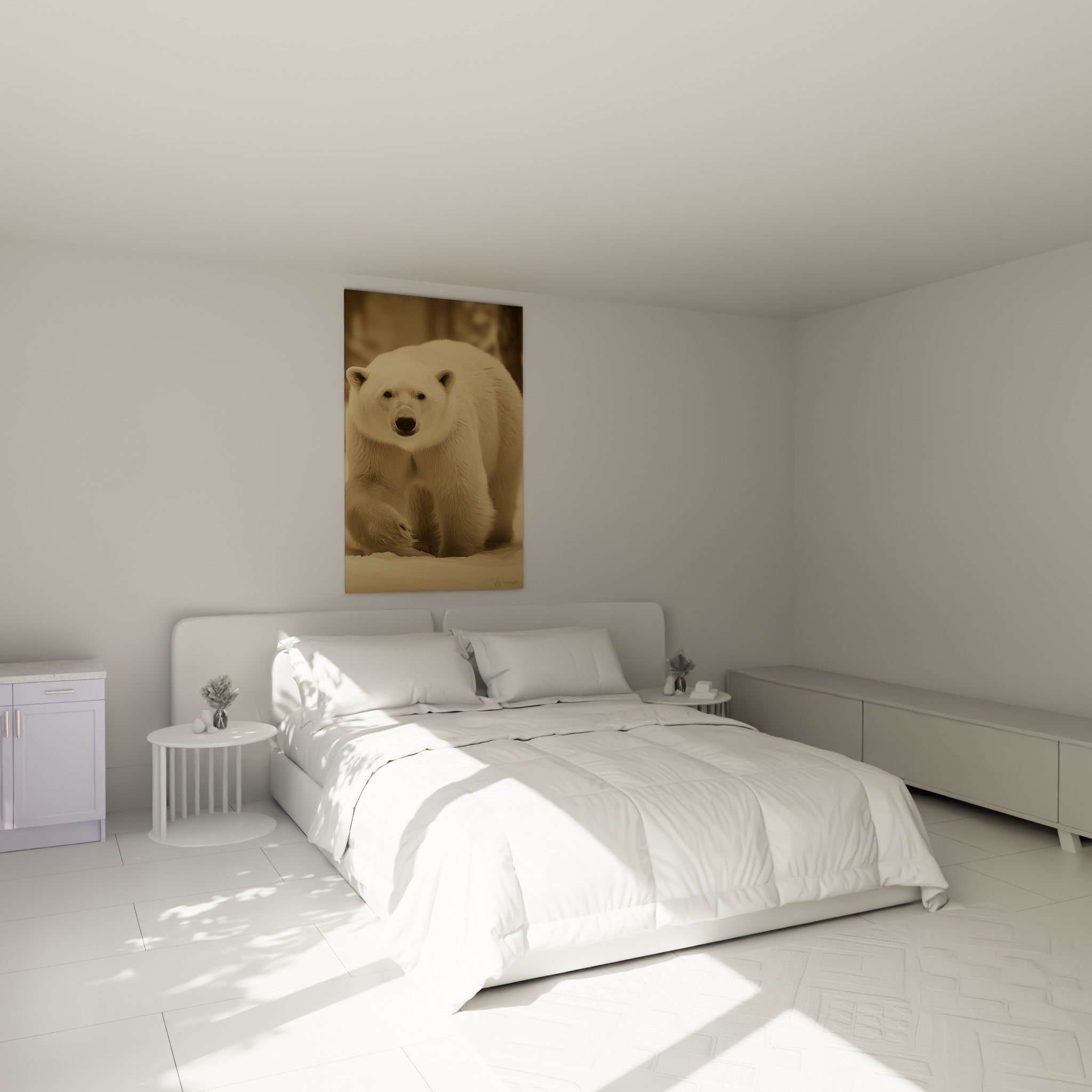 Ours polaire crème et brun sépia, regard frontal intense, au-dessus d'un lit dans une chambre claire