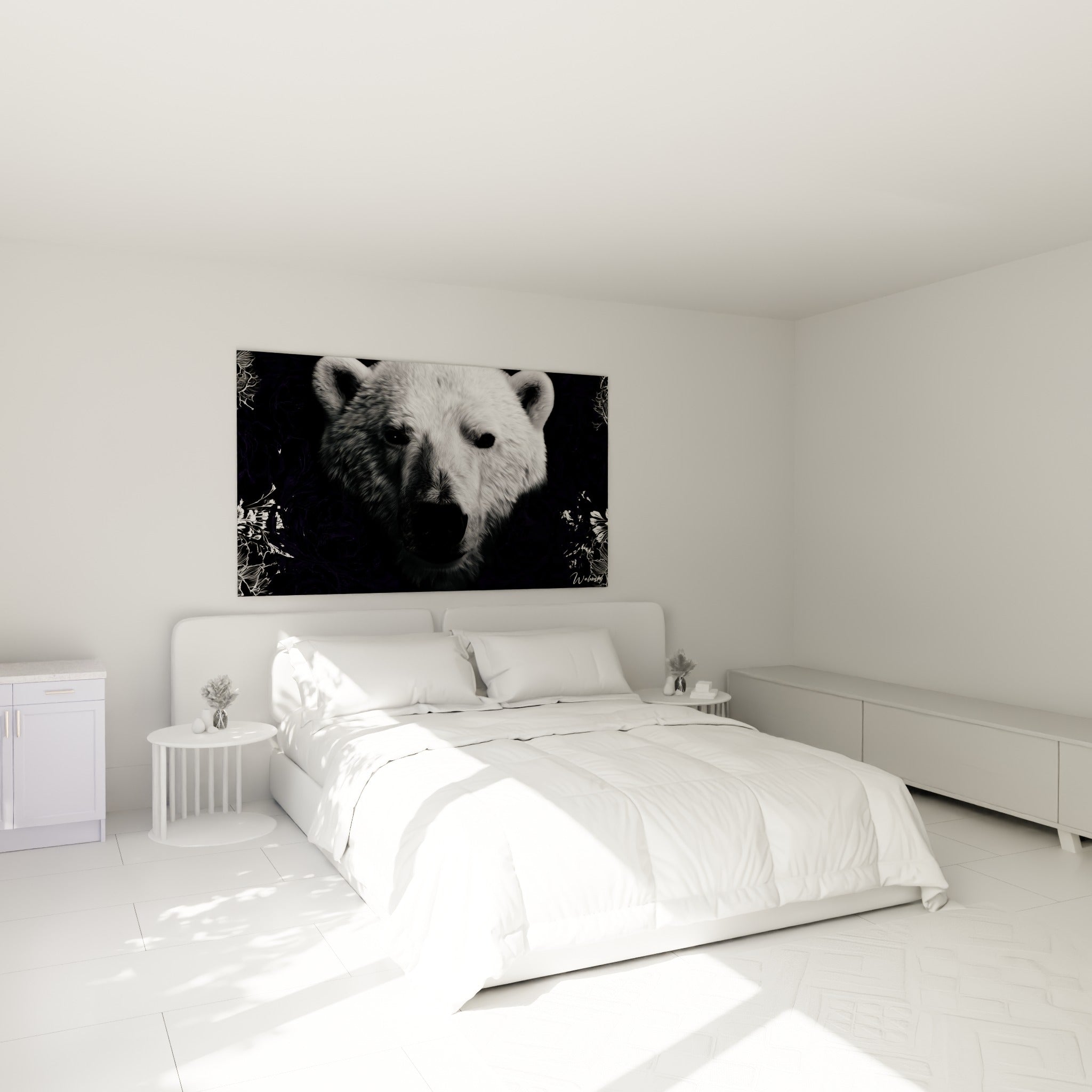 Regard fixe d'un ours polaire blanc sur fond anthracite violet, accroché au-dessus d'un lit dans une chambre claire