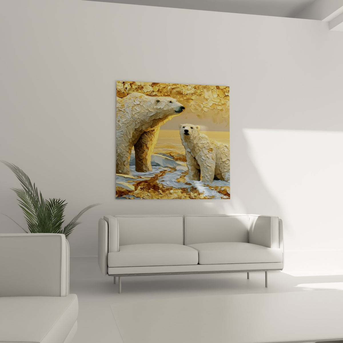 Ours polaire et son petit en relief blanc et bleu pâle au-dessus d'un canapé dans un salon lumineux