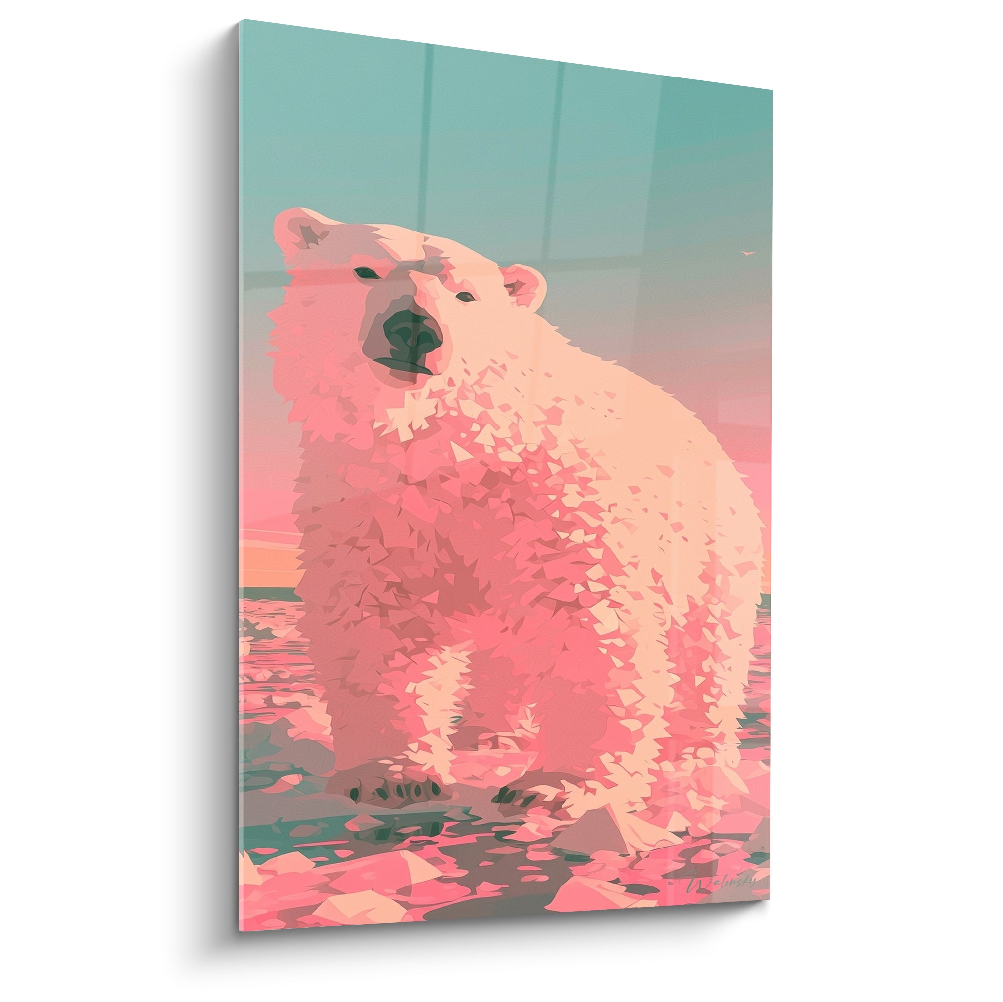 Ours polaire aux teintes rose corail et turquoise sur banquise fragmentée façon vitrail