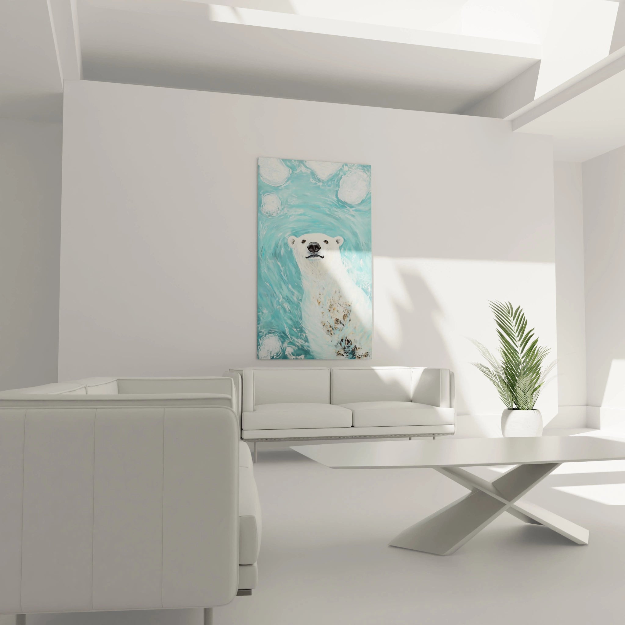 Tableau ours polaire Walensky accroché dans un salon lumineux avec canapé blanc et plante verte