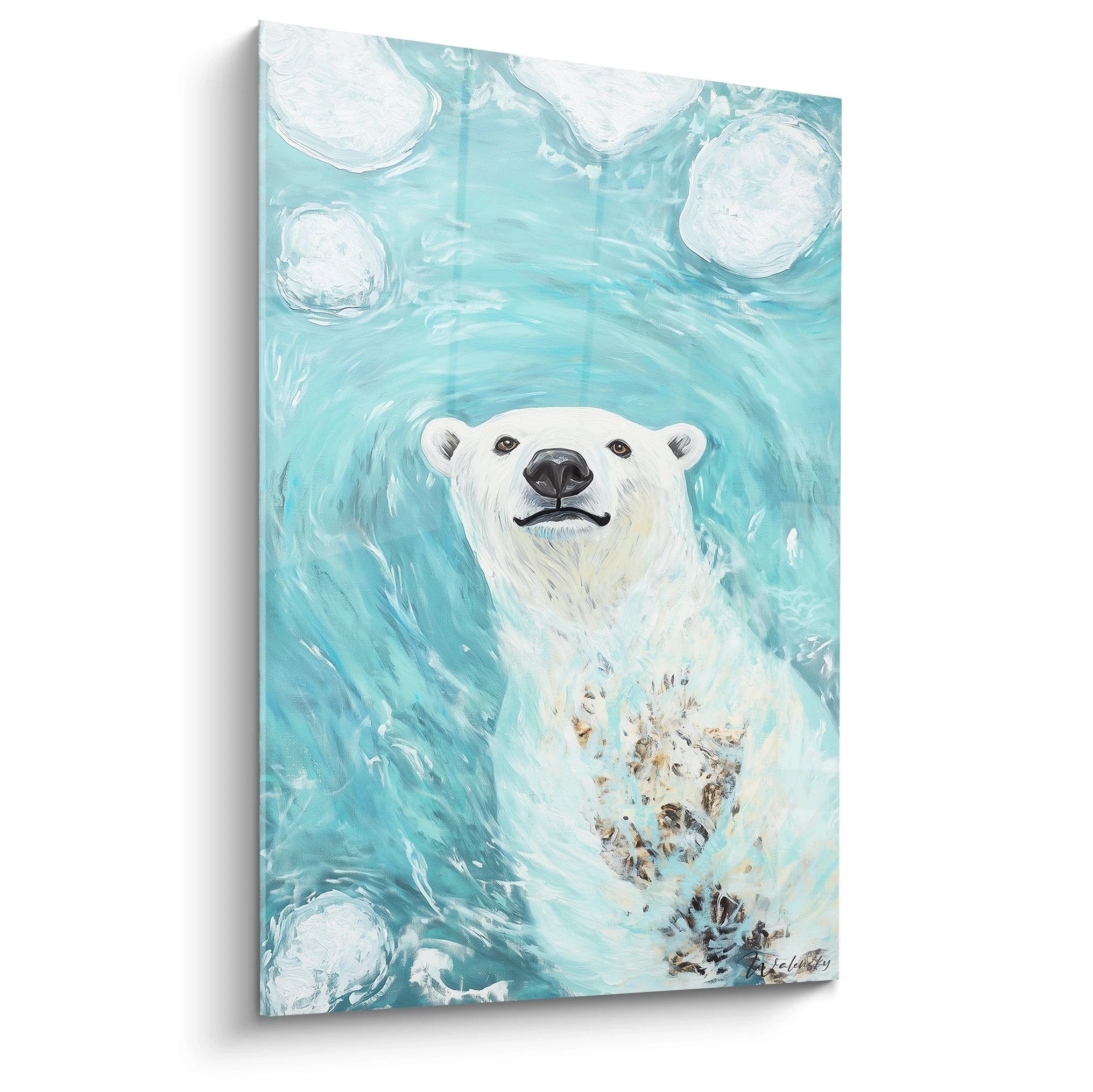 Tableau ours polaire Walensky représentant un ours flottant dans l'eau turquoise avec des blocs de glace