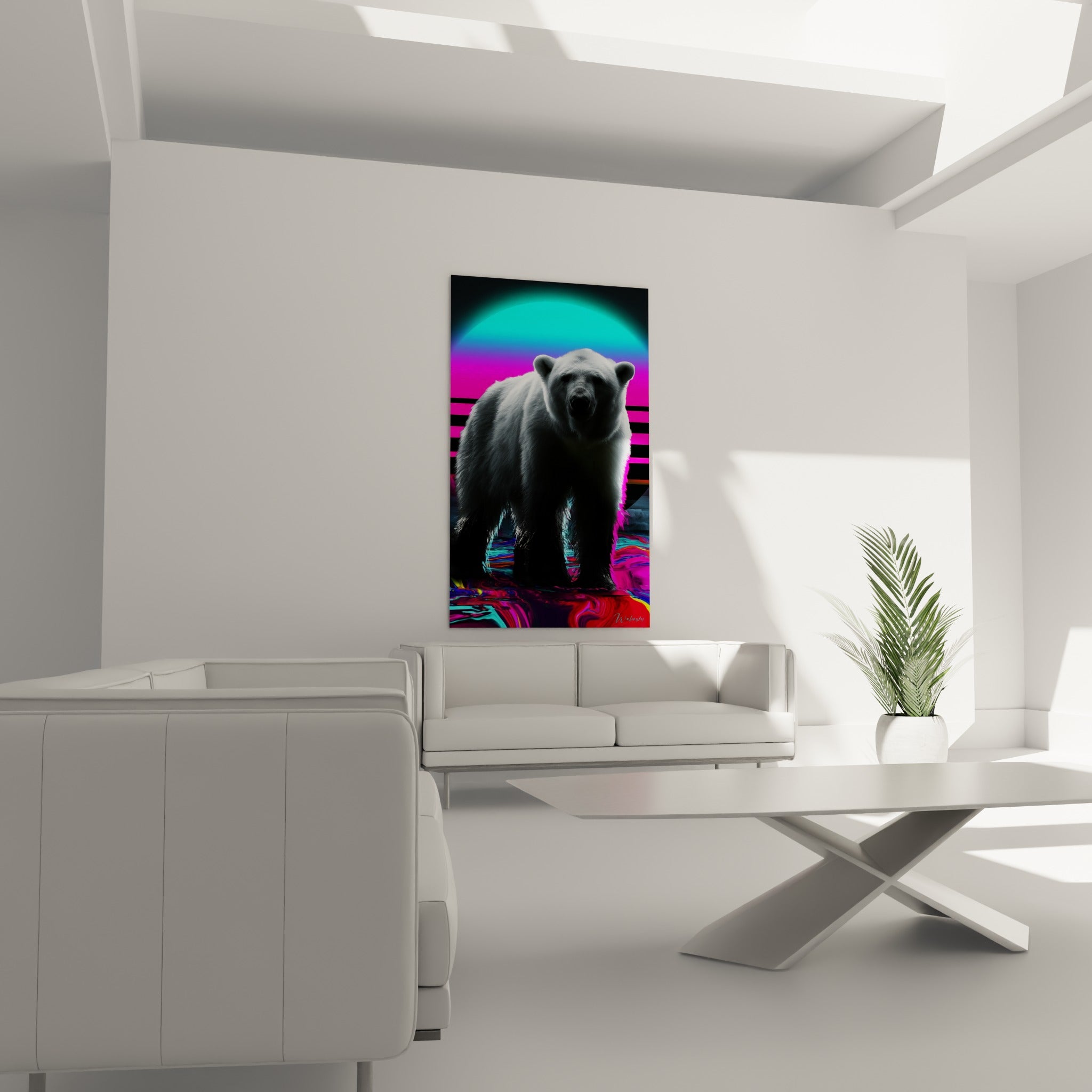 Regard sombre de l'ours polaire baigné de turquoise au-dessus d'un canapé dans un salon lumineux