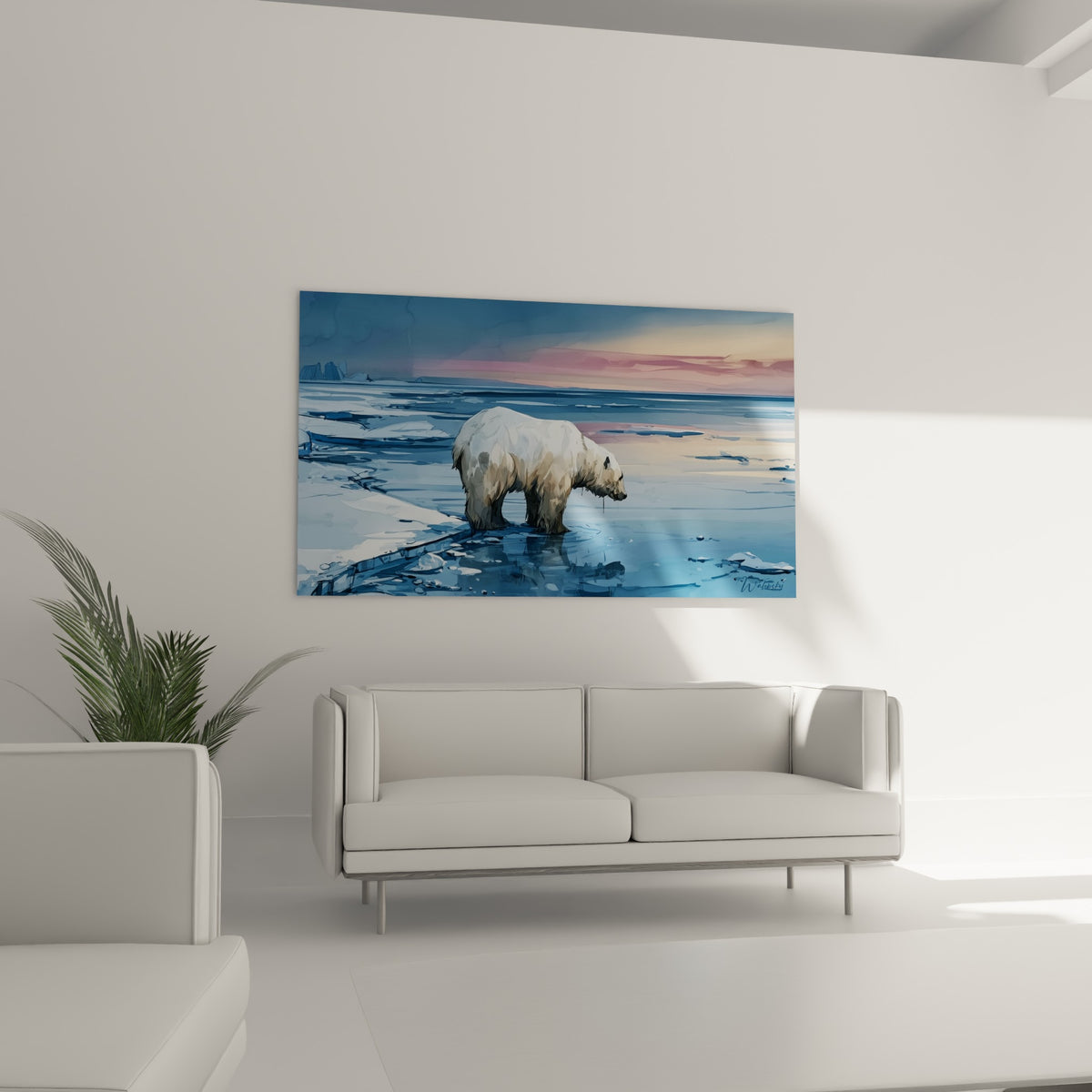 Ours polaire solitaire face à l'horizon rosé, accroché au-dessus d'un canapé dans un salon lumineux