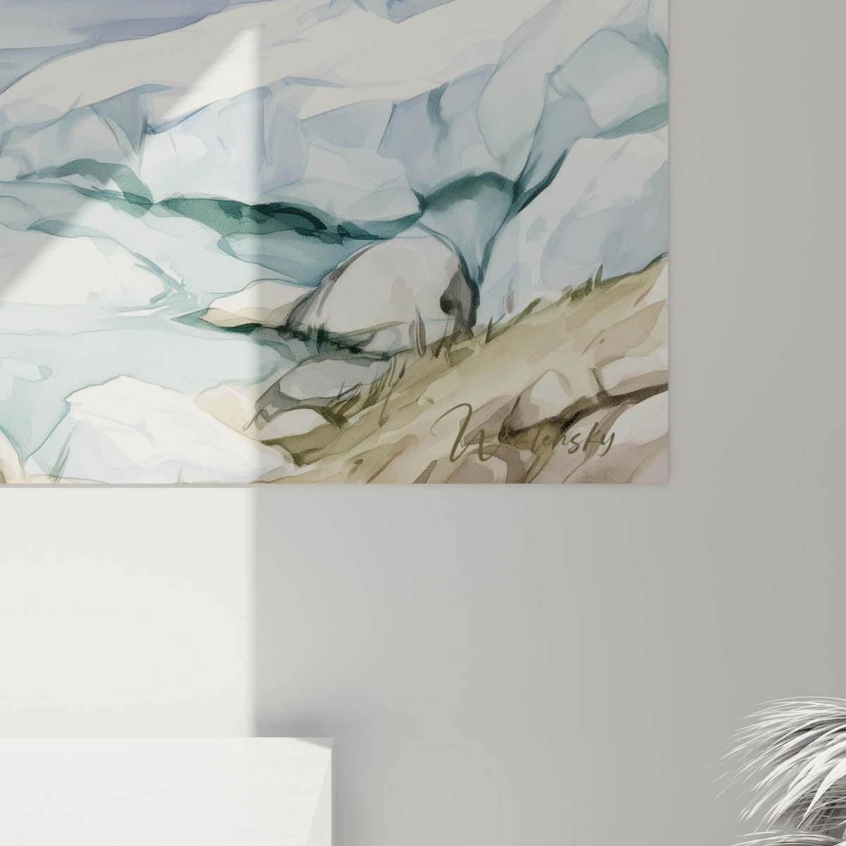 Empâtements fins révélant la texture aquarelle bleu pastel et blanc crème du pelage de l'ours polaire