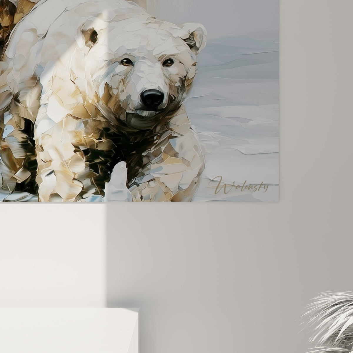 Empâtements épais en blanc, gris et ocre révélant la matière du pelage d'ours polaire peint au couteau