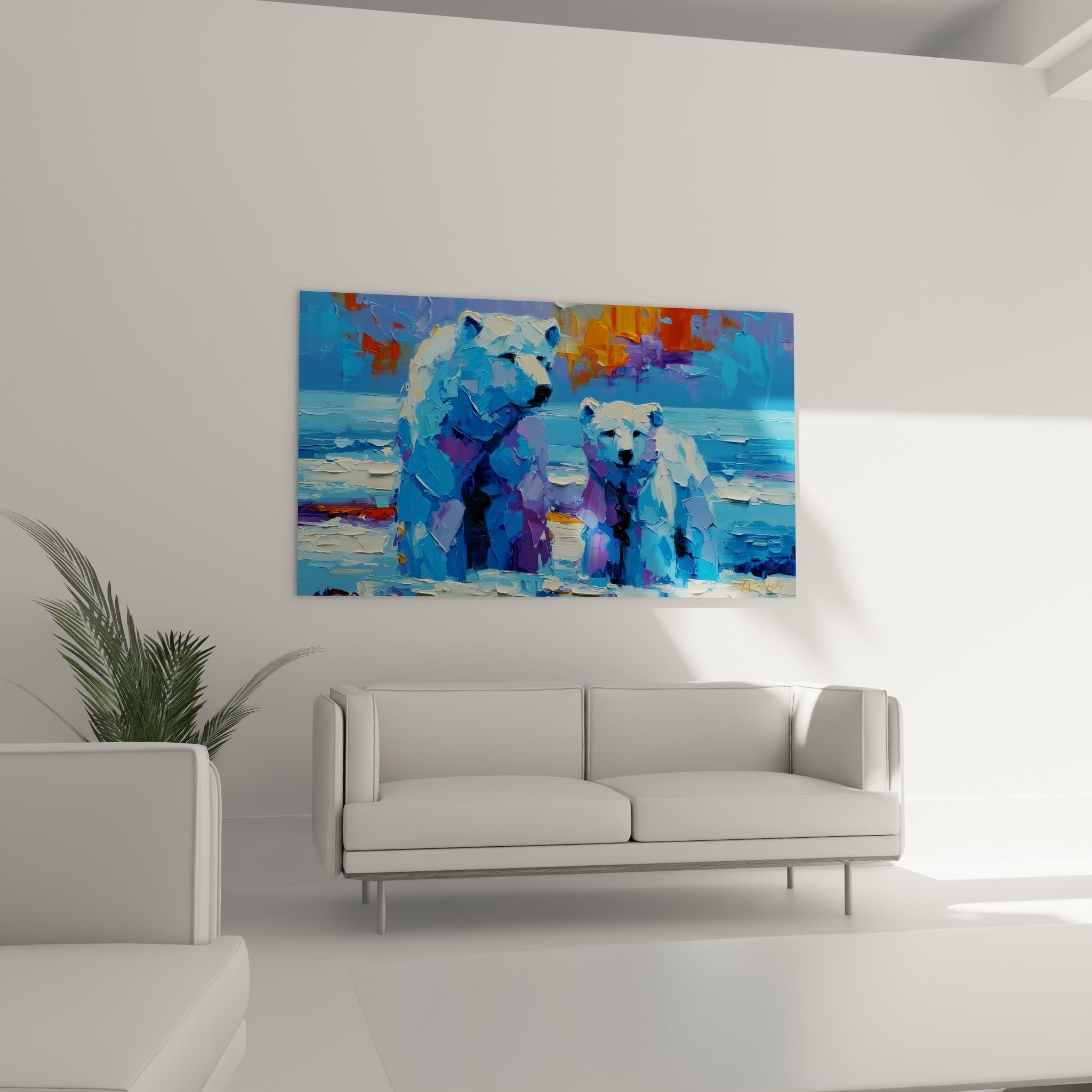 Deux ours polaires en camaïeu bleu et violet, tableau au-dessus d'un canapé dans un salon lumineux
