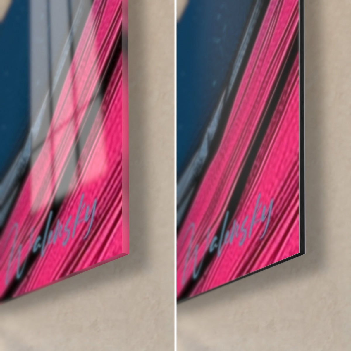 Wall art polar bear in fuchsia and midnight blue facets, bottom right corner: glossy glass on the left, matte Dibond on the right